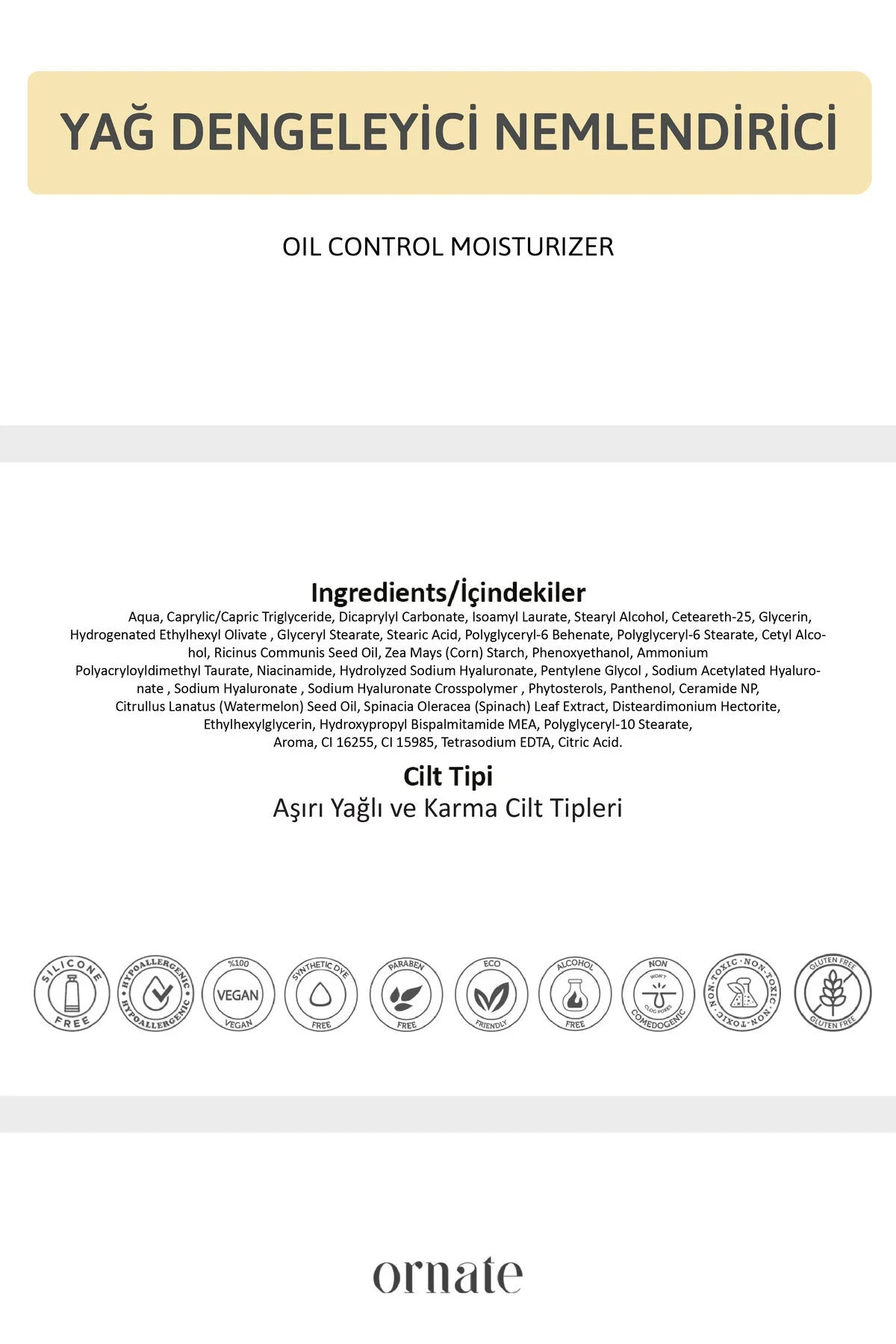 Ornate Oil Control Moisturizer Cream - Hydraterende crème op waterbasis - Herstellend - Verzachtend - Mango - Niacinamide - Provitamine B5 - 4D hyaluronzuur - Dagcrème voor Vette & Gecombineerde Huid - 50 ml