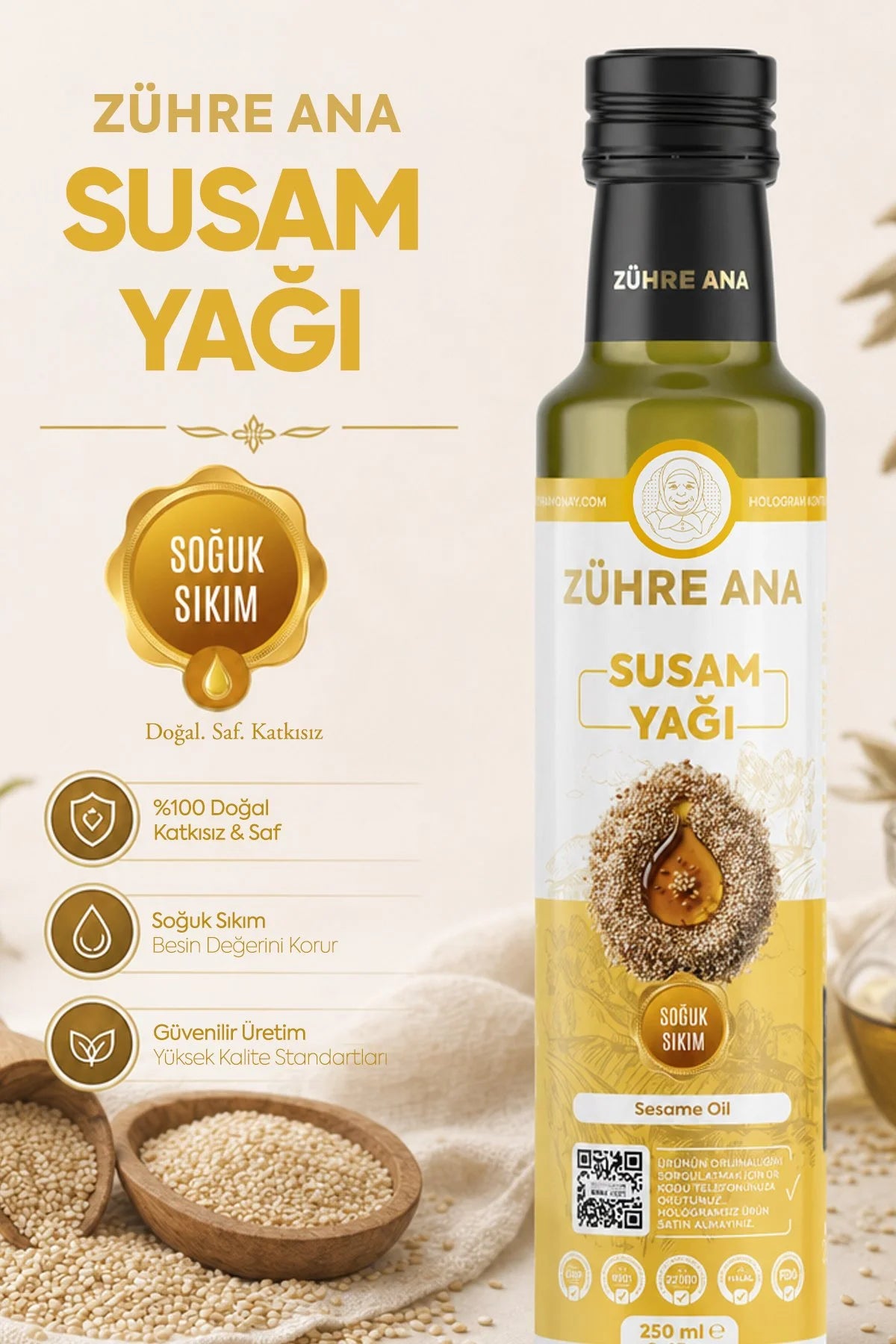 Zühre Ana Sesamolie – Koudgeperste Sesamolie – 100% Sesam – Voor Salades & Gerechten – 250 ml