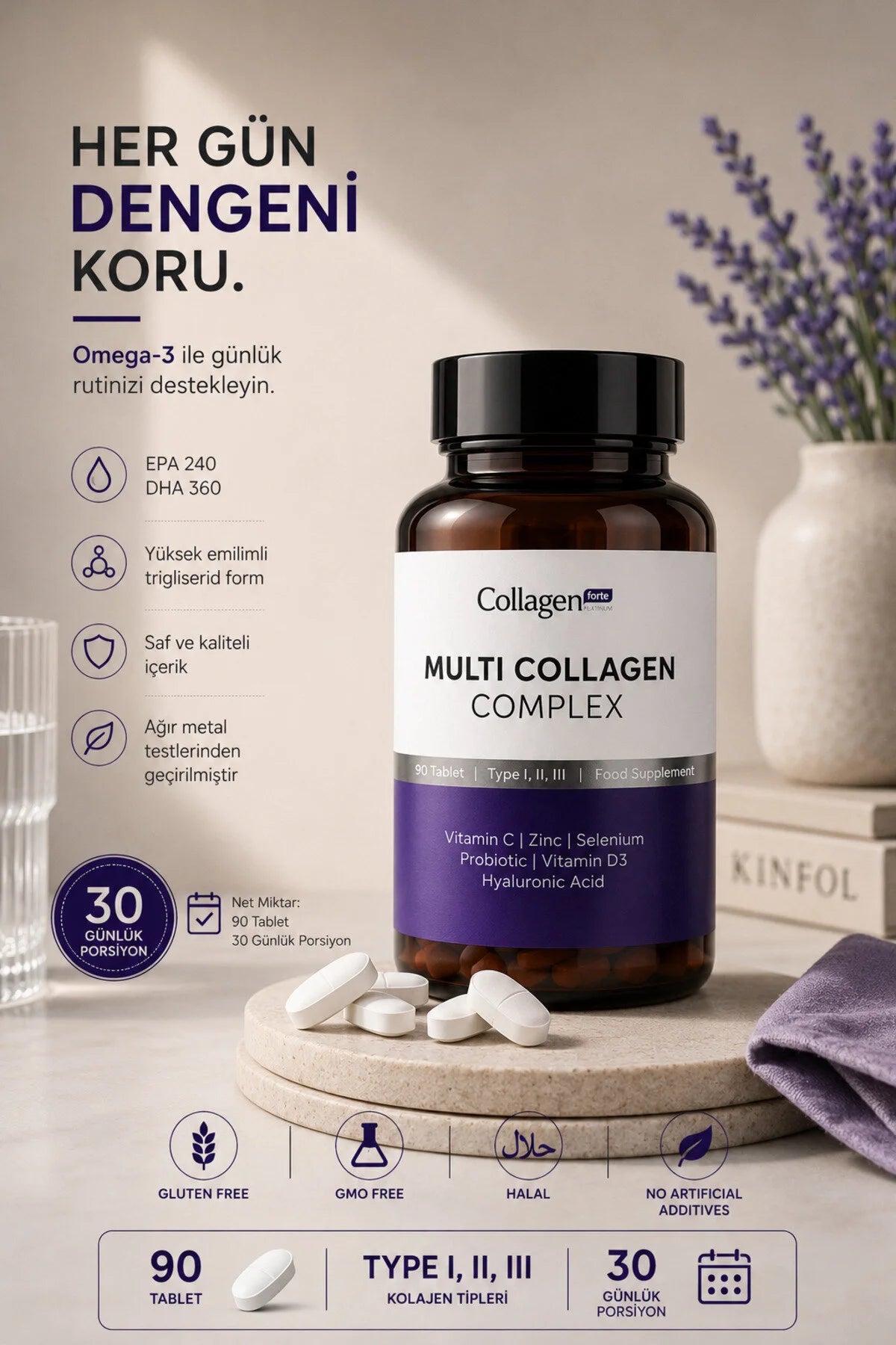 Collagen Forte Platinum Multi Collagen Complex – Type I, II & III – Vitamine C, D3, Zink, Selenium & Hyaluronzuur – 90 Tabletten