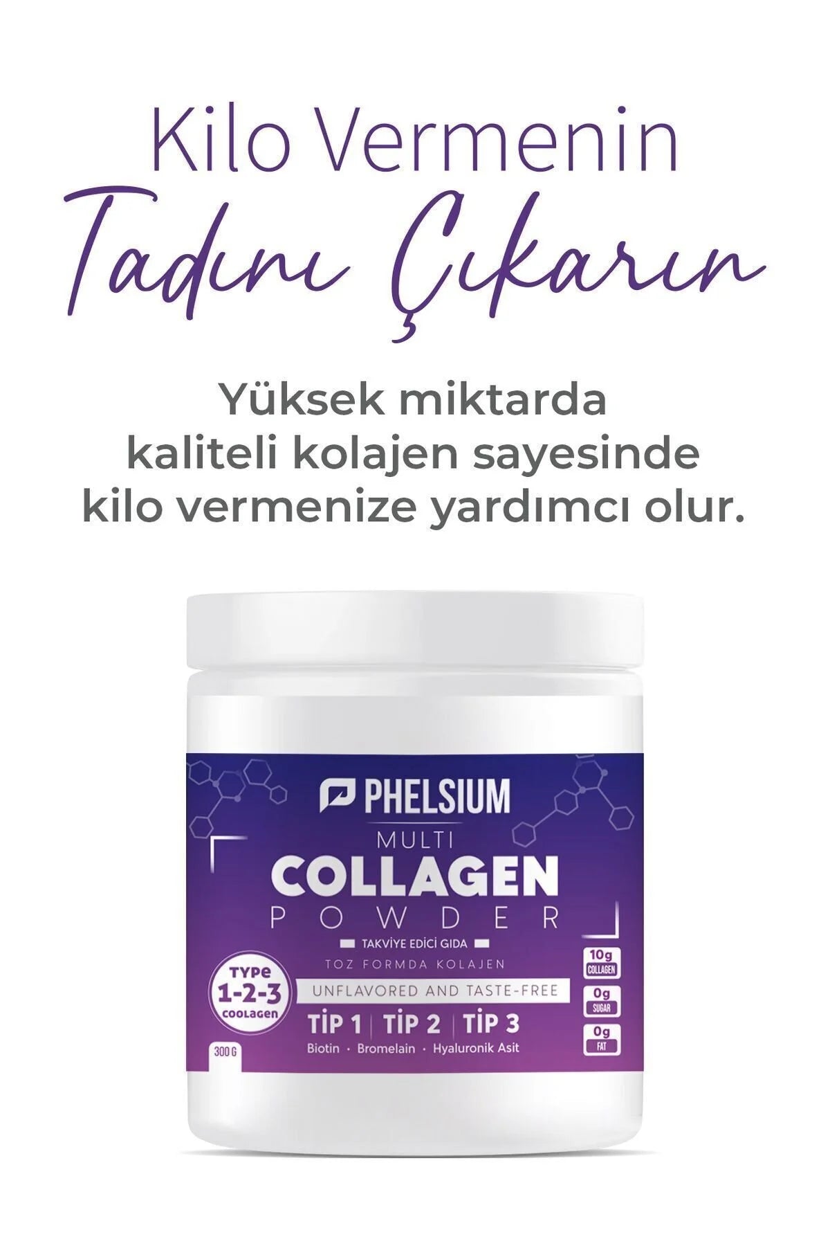 Phelsium Multi Collagen Poeder Type 1 2 3 met Hyaluronzuur, Biotine en Bromelaïne - Smaakloos - 300 g