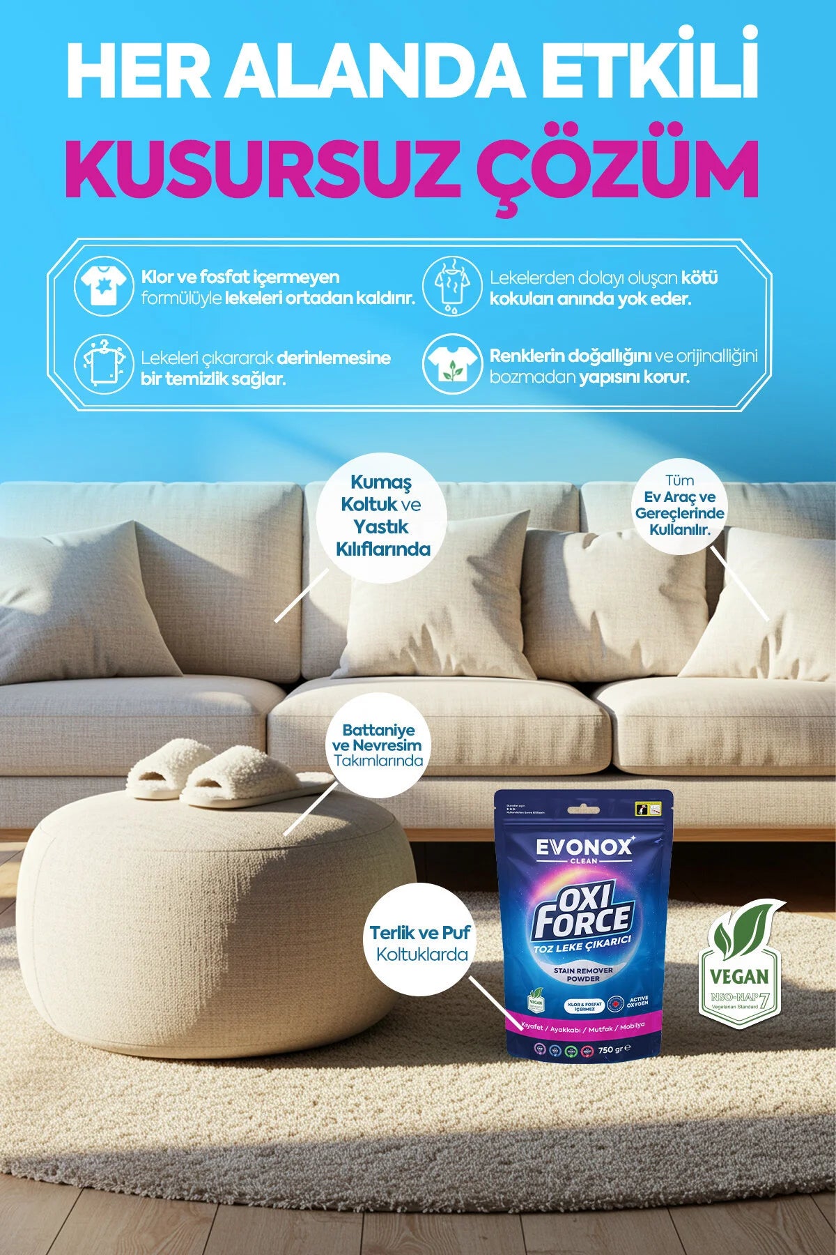 Evonox Clean Oxi Force Vlekverwijderaar Poeder – Zuurstofbleekmiddel – Chloor- & Fosfaatvrij – Voor Wasgoed, Tapijt, Schoenen & Oppervlakken – 750 g