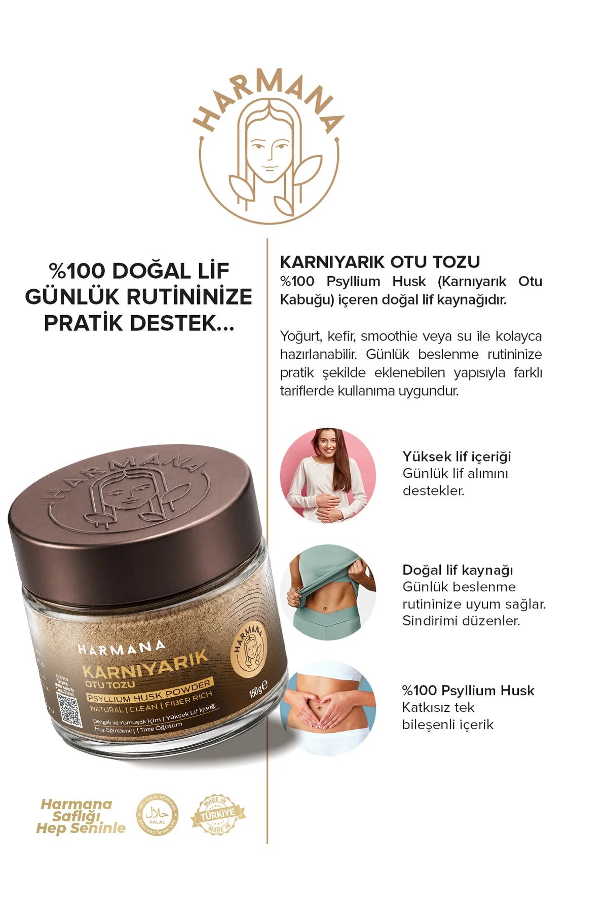 Harmana Psylliumvezel Poeder (Karnıyarık otu tozu)– 100% Psyllium Husk – Vezelrijk & Vegan – 150 g
