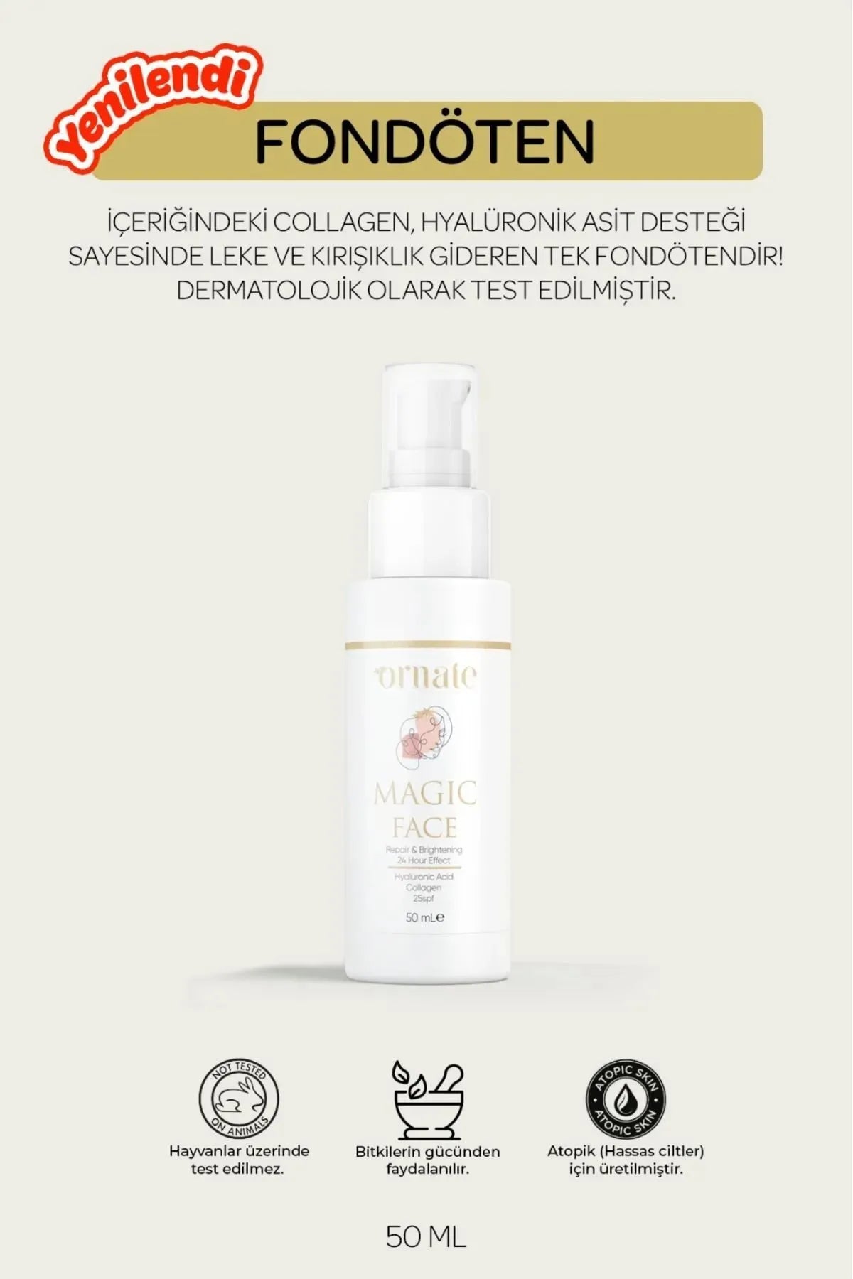 ORNATE Magic Face Foundation 24 uurseffect - Anti-Blemish - Anti-Rimpel - Collageen - Hyaluronzuur - SPF 25 Waterbestendig - SPF 25 Zonnebrandcrème - Anti-vlekken - Anti-veroudering - Hydrateert - Voor alle huid 50 ml
