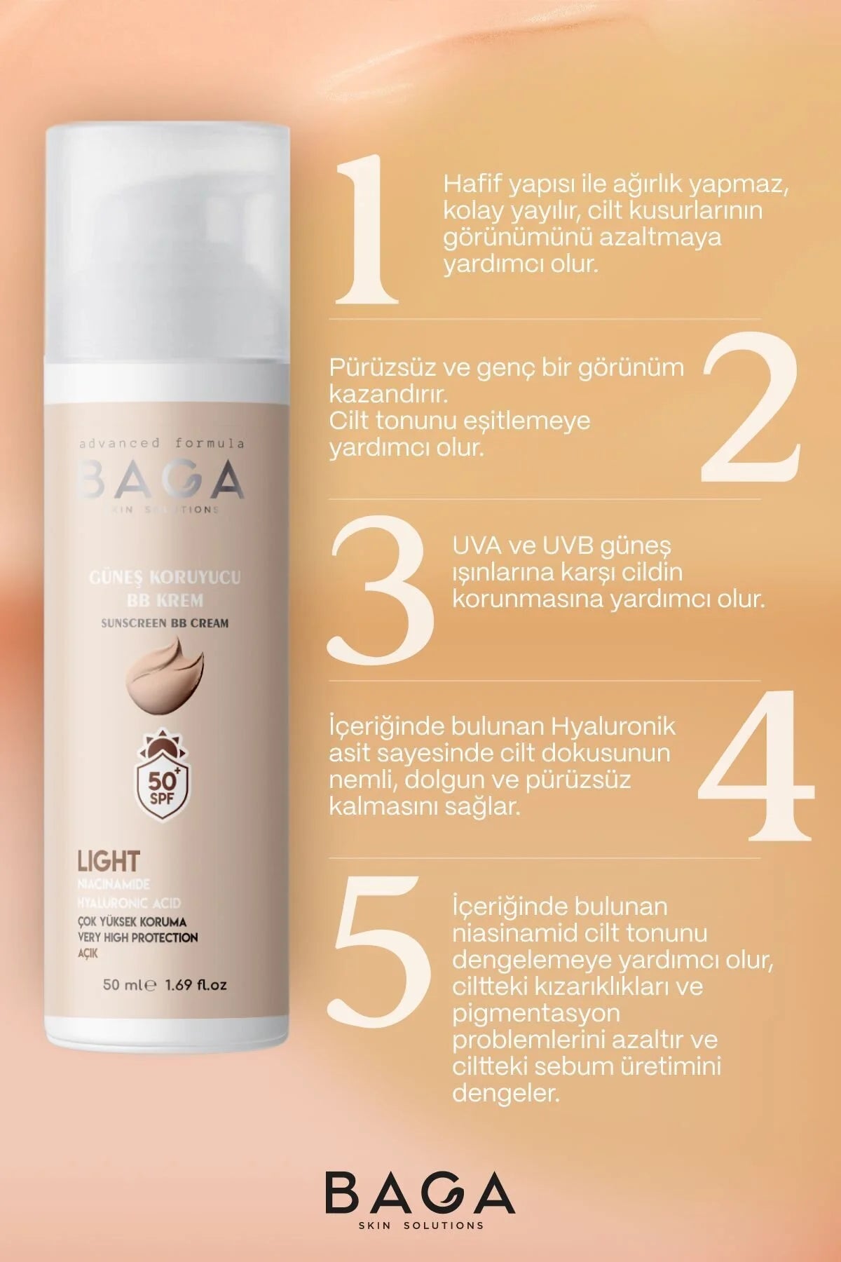 BAGA Sunscreen BB Cream SPF50 Light – Getinte BB Cream met Hoge Zonbescherming 50ml