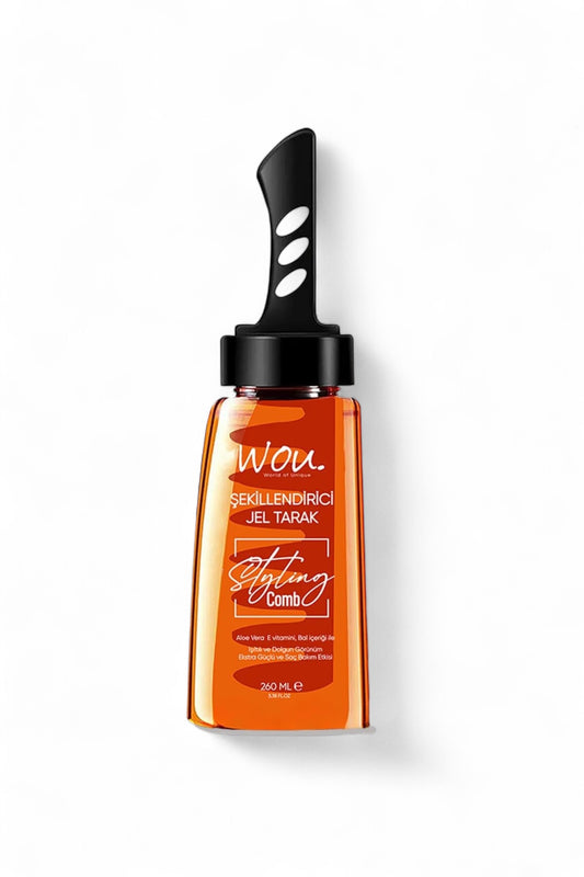 Wou World of Unique Styling Gel Kam met Aloë Vera - Vitamine E - Honinggehalte - Volume en vol uiterlijk - Extra sterk en haarverzorgingseffect - 260 ml