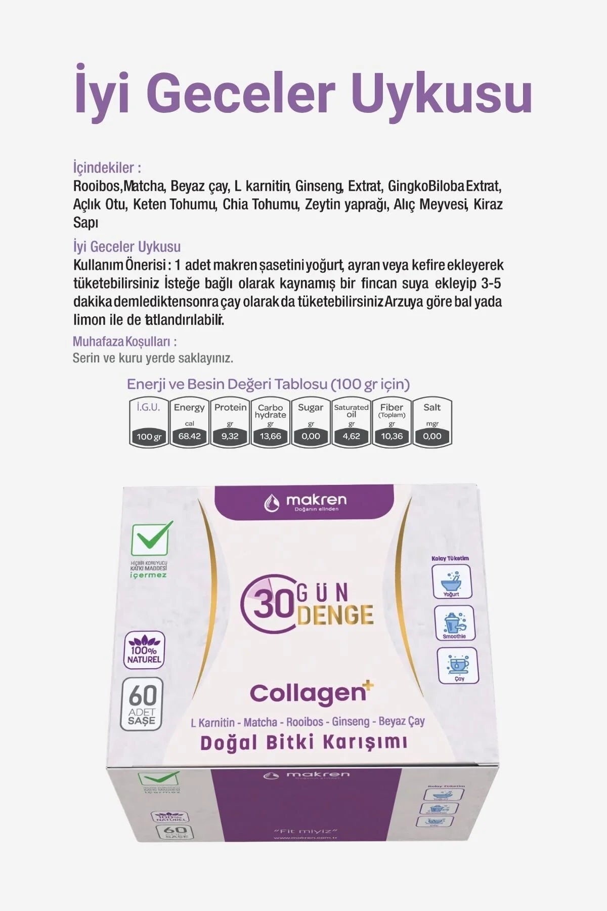 Makren 30 Gün Denge Collagen+ Natuurlijk Kruidenmengsel - 60 Sachets (120 g)
