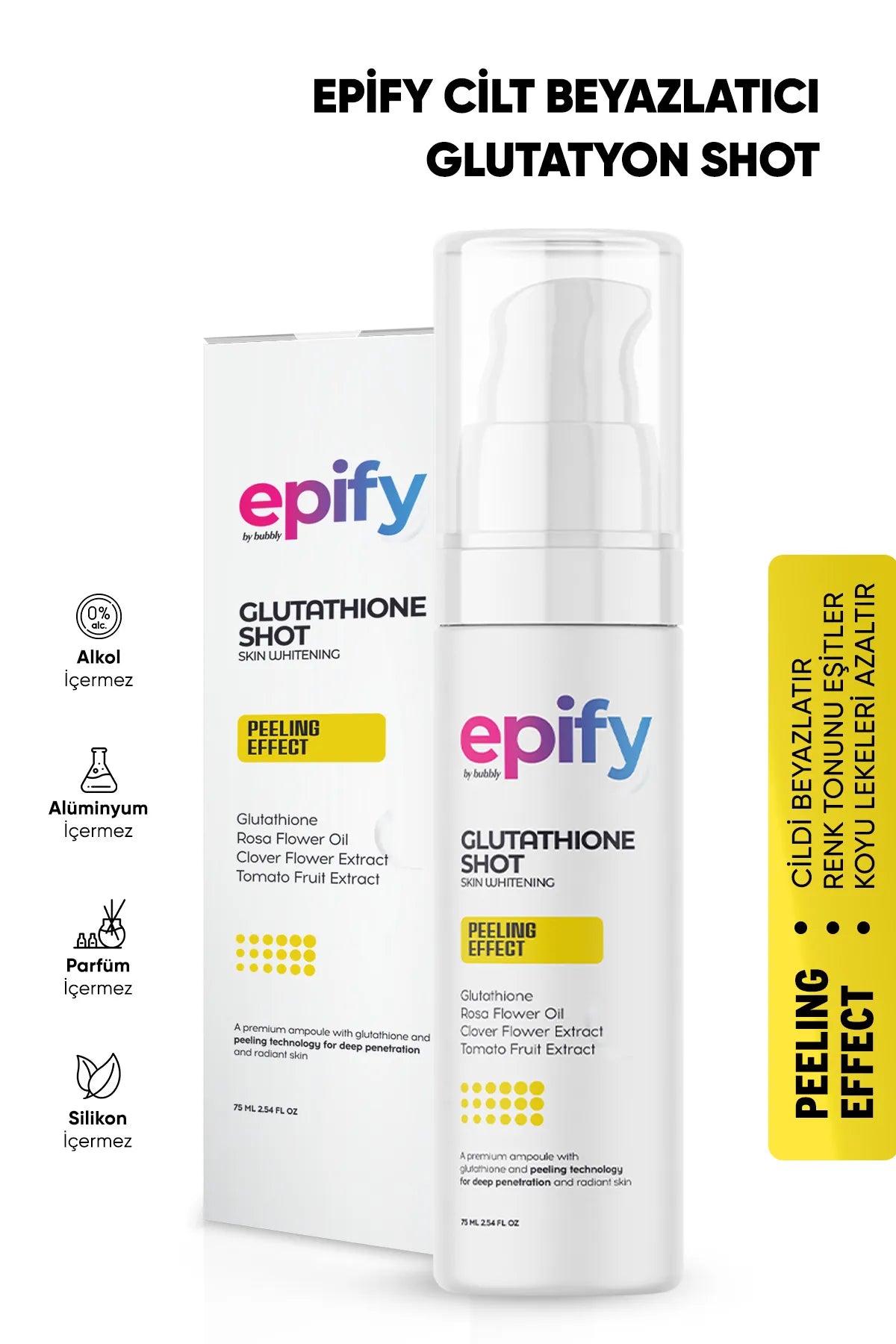 Epify Skin Whitening Peeling Effect - Glutathione Shot - Donkere vlekken vervagen - Huidtint egaliseren - Micro-needling-achtig effect - 75 ml