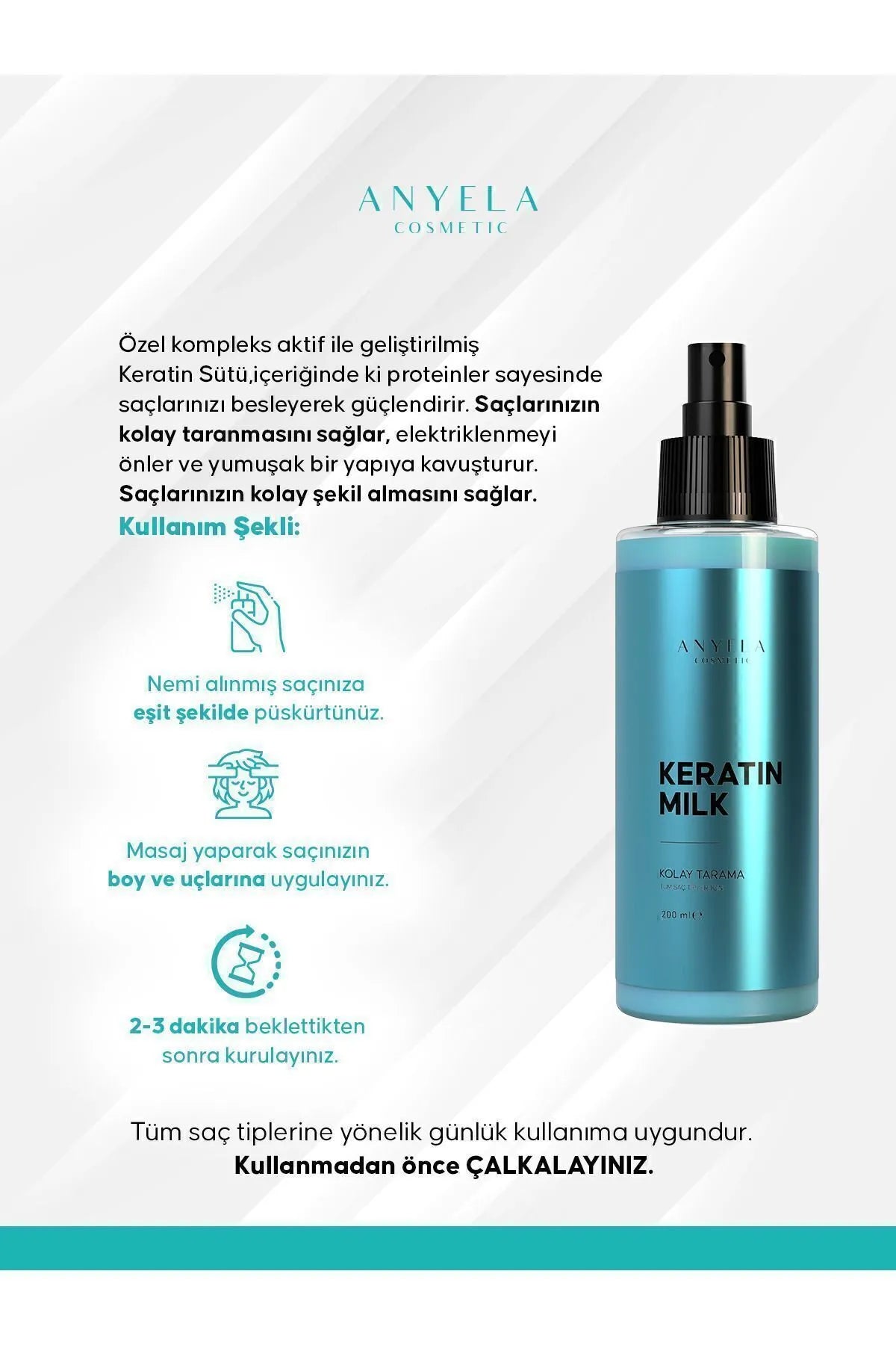 Anyela Cosmetic - Keratine & Collageen Haarverzorgingsmelk - Volume/Opvullen - Kleurbescherming - Gemakkelijk vormgeven - Helderheid - Snelle groei - Bevochtigen - Alle haartypen - 200 ml