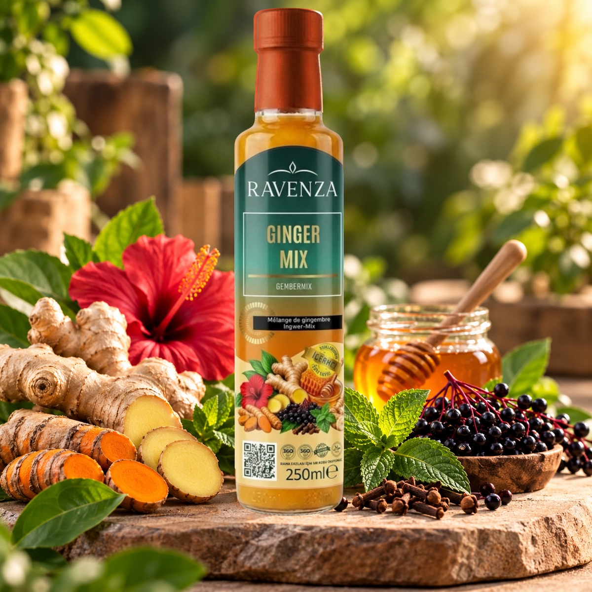 Ravenza Ginger Mix – Gembermix met 30% Gember, Kurkuma, Honing, Hibiscus & Vitamine C – 250 ml