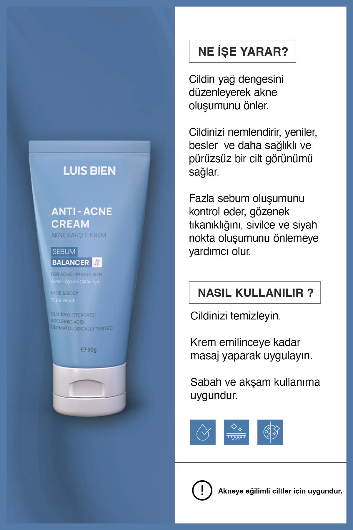 Luis Bien Anti-Acne Creme – Snelwerkende Anti-Acne & Anti-Puistjes verzorging & Huidoneffenheden - Hyaluronzuur - Glycerylstearaat - Ascorbinezuur - Dermatologisch getest - 50 ml