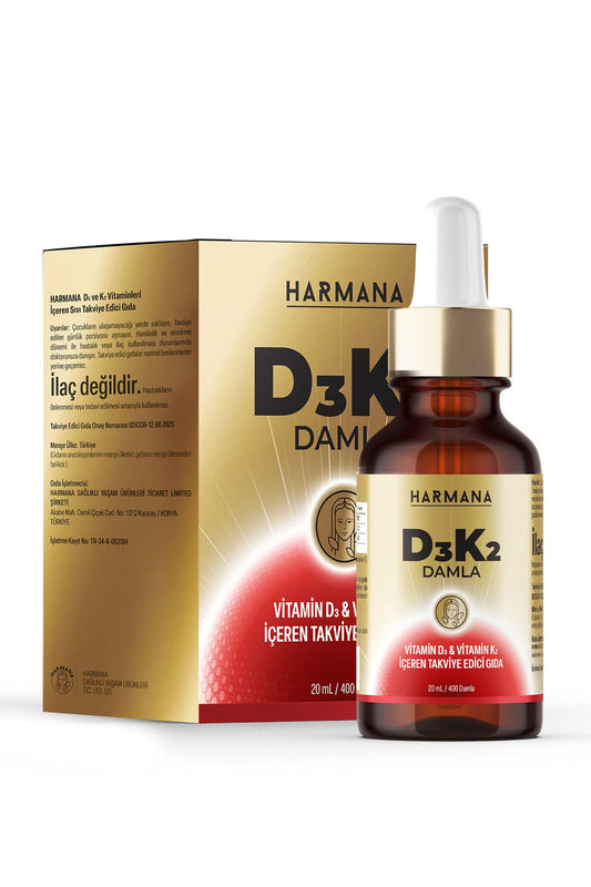 Harmana D3K2 Druppels - Vitamine D3 & K2 Voedingssupplement - 20 ml (400 druppels) - Ondersteunt botten - tanden - immuunsysteem en calciumbalans - Zonder suiker / gluten of lactose