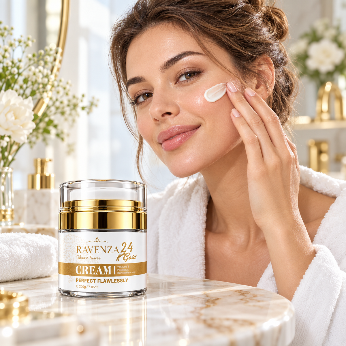 Ravenza 24K Gold Cream – Gezichtscrème met Niacinamide, Peptiden, Hyaluronzuur, Vitamine C & E – Hydraterende Huidverzorging – 200 g