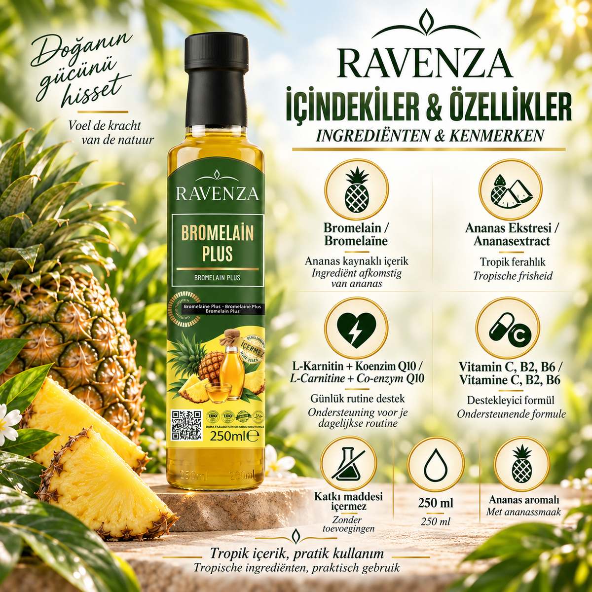 Ravenza Bromelain Plus – Met Bromelaïne, Ananasextract, L-Carnitine, Vitamine C, B2 & B6 – 250 ml