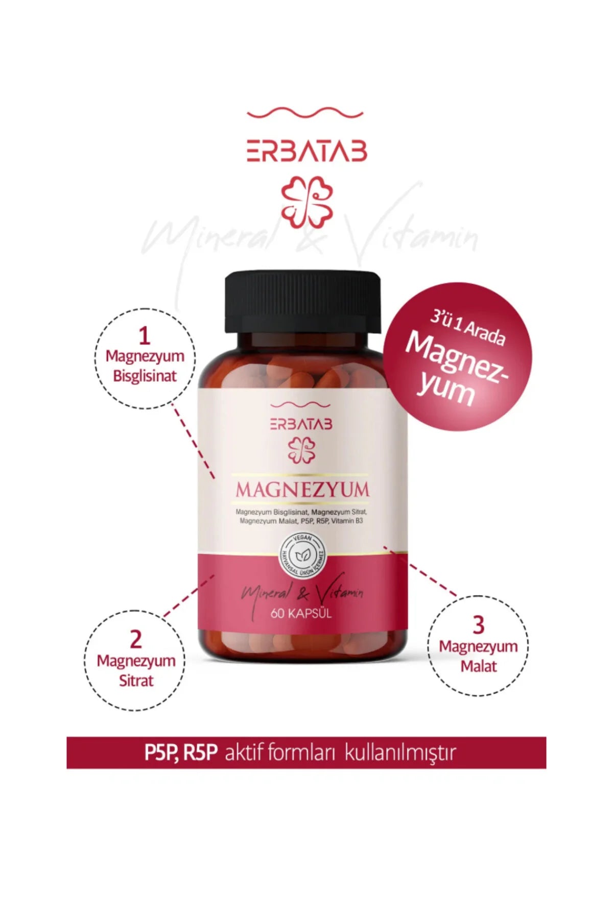 Erbatab Magnesium Complex – 60 Vegan Capsules – Magnesium Bisglycinaat, Malaat, Citraat, Vitamine B3 & B6