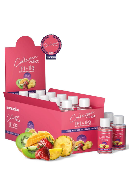 Momordica Collageen Shot - Tripeptide Collageen Mix (Type 1 en Type 3) met Zink / Selenium / Vitamine B6 / Foliumzuur / Tropische vruchtenaroma & Aardbei-aroma - Collageen Drankje - 10stuks x 50ml