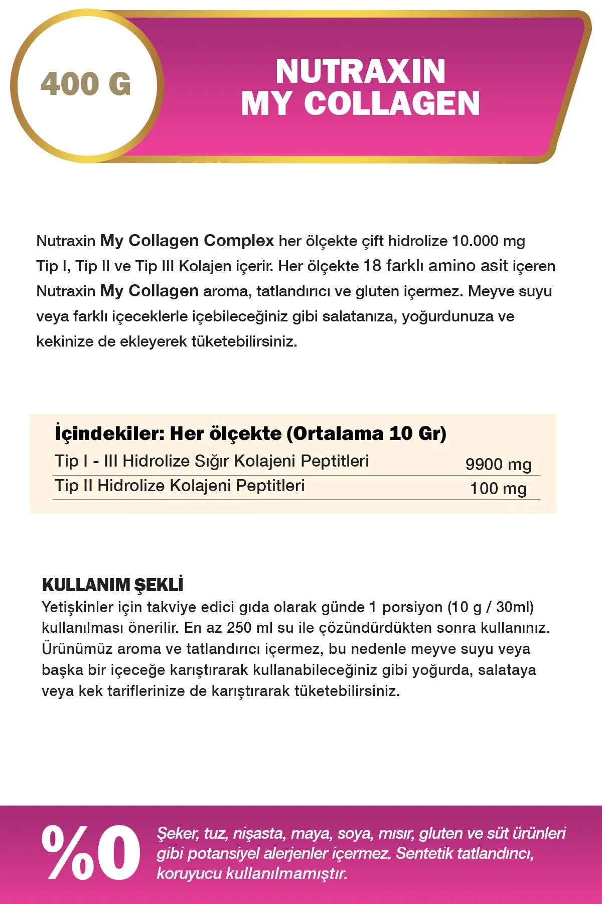 Nutraxin My Collagen – Type 1, 2 & 3 – 10.000 mg Gehydrolyseerd Rundercollageen – Collageen Poeder – 400 g