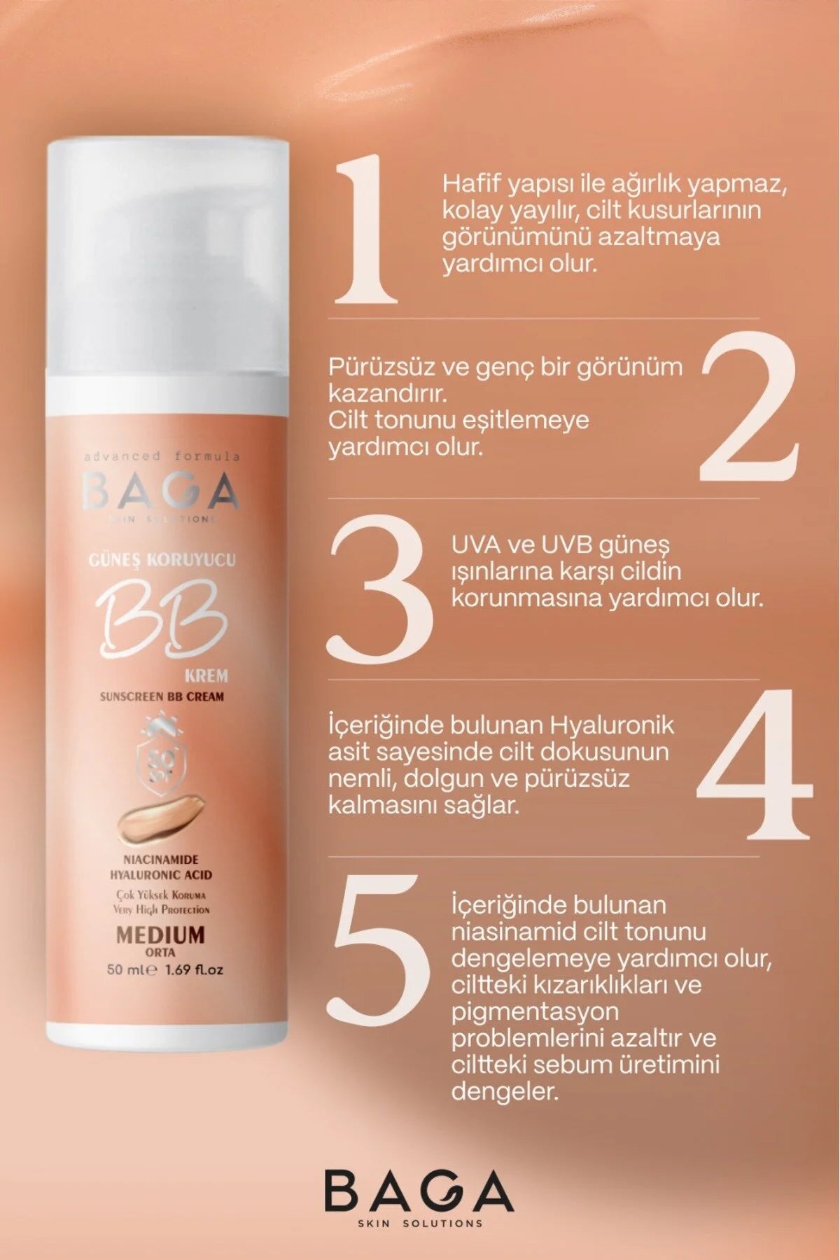 BAGA Sunscreen BB Cream SPF50 Medium – Getinte BB Cream met Hoge Zonbescherming 50ml
