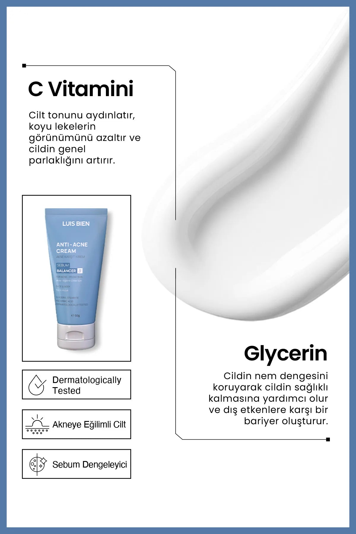 Luis Bien Anti-Acne Creme – Snelwerkende Anti-Acne & Anti-Puistjes verzorging & Huidoneffenheden - Hyaluronzuur - Glycerylstearaat - Ascorbinezuur - Dermatologisch getest - 50 ml