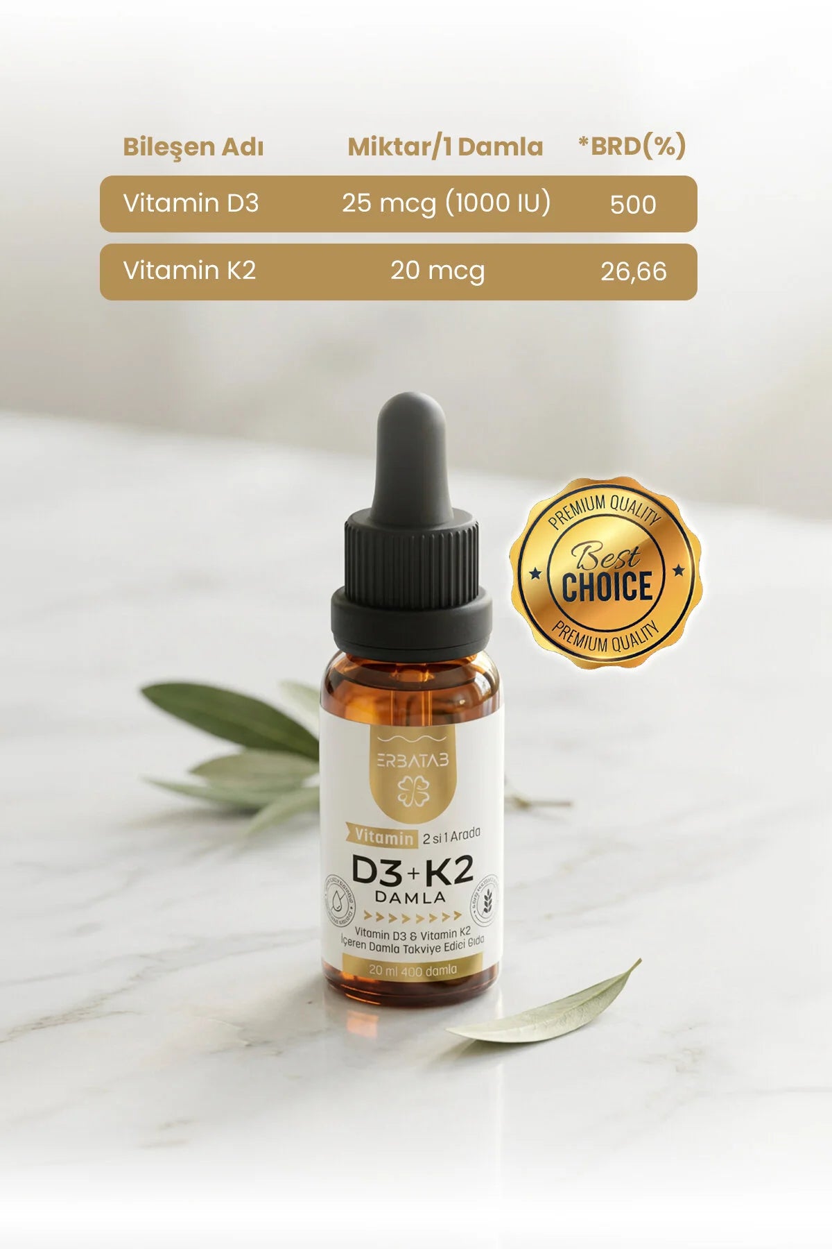 ERBATAB Vitamine D3 + K2 Druppels 2 in 1 - 20 ml & 400 druppels