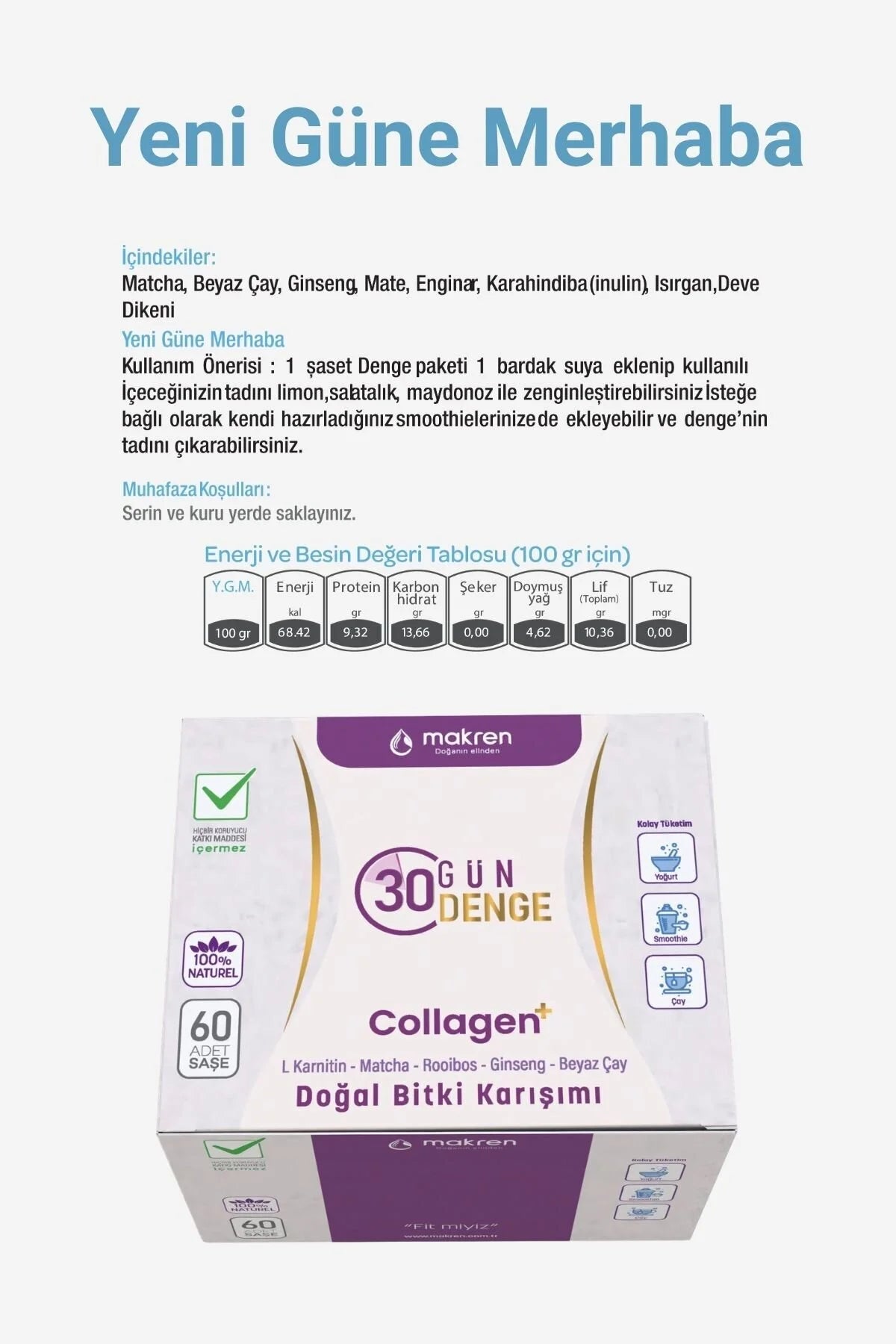 Makren 30 Gün Denge Collagen+ Natuurlijk Kruidenmengsel - 60 Sachets (120 g)