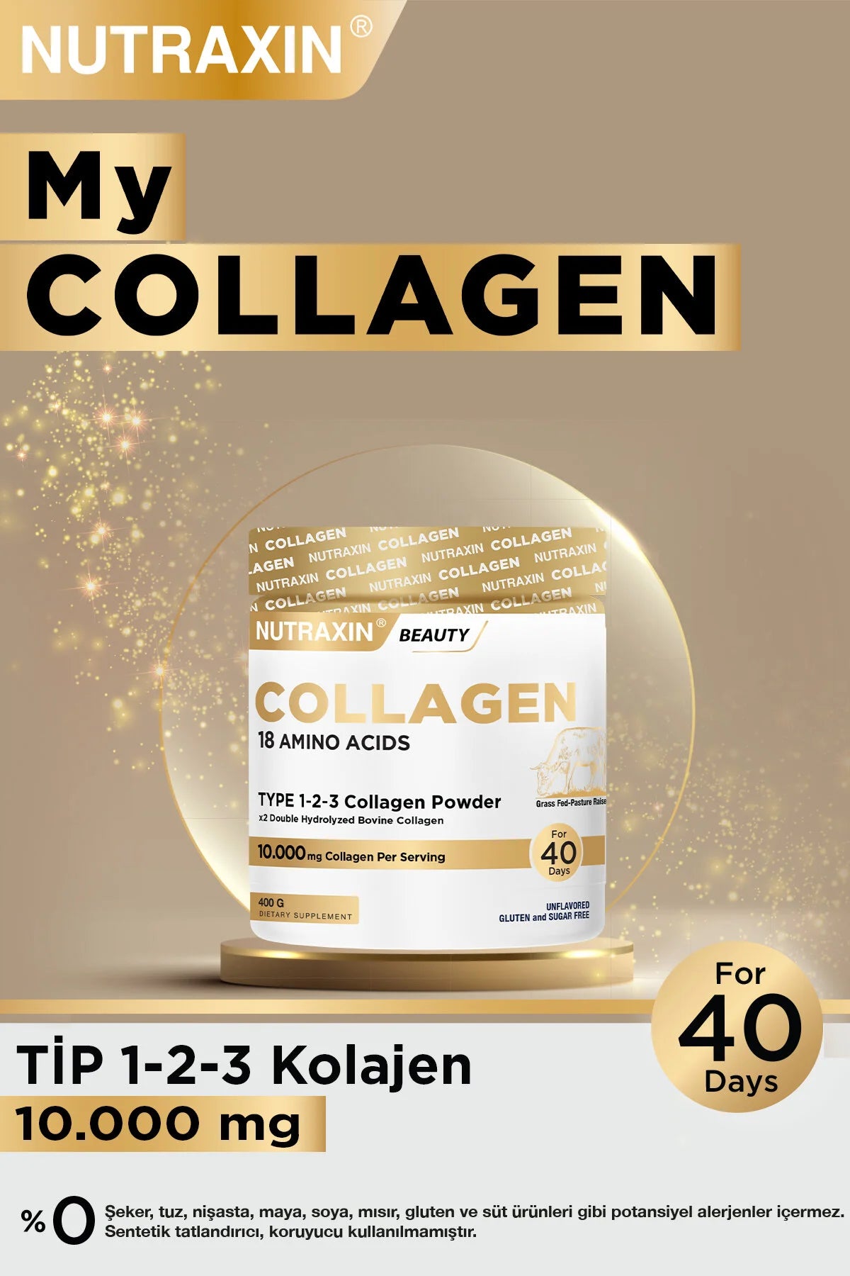 Nutraxin My Collagen – Type 1, 2 & 3 – 10.000 mg Gehydrolyseerd Rundercollageen – Collageen Poeder – 400 g