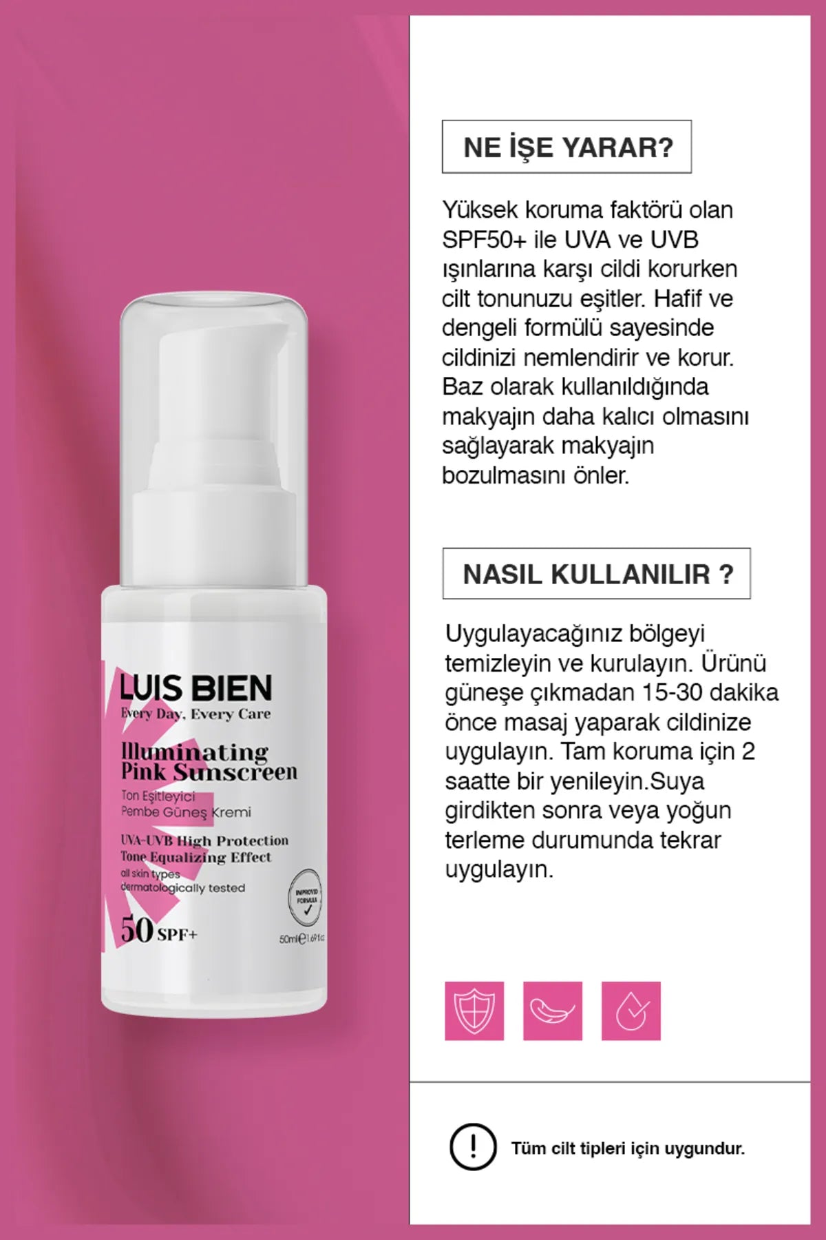 Luis Bien Illuminating Pink Sunscreen SPF 50+ / UVA-UVB hoge beschermingstoon Egaliserende werking - Verhelderende Roze Zonnebrandcreme - Anti-vlekjes & Hydraterend - Dermatologisch getest - Alle huidtypen 50 ml