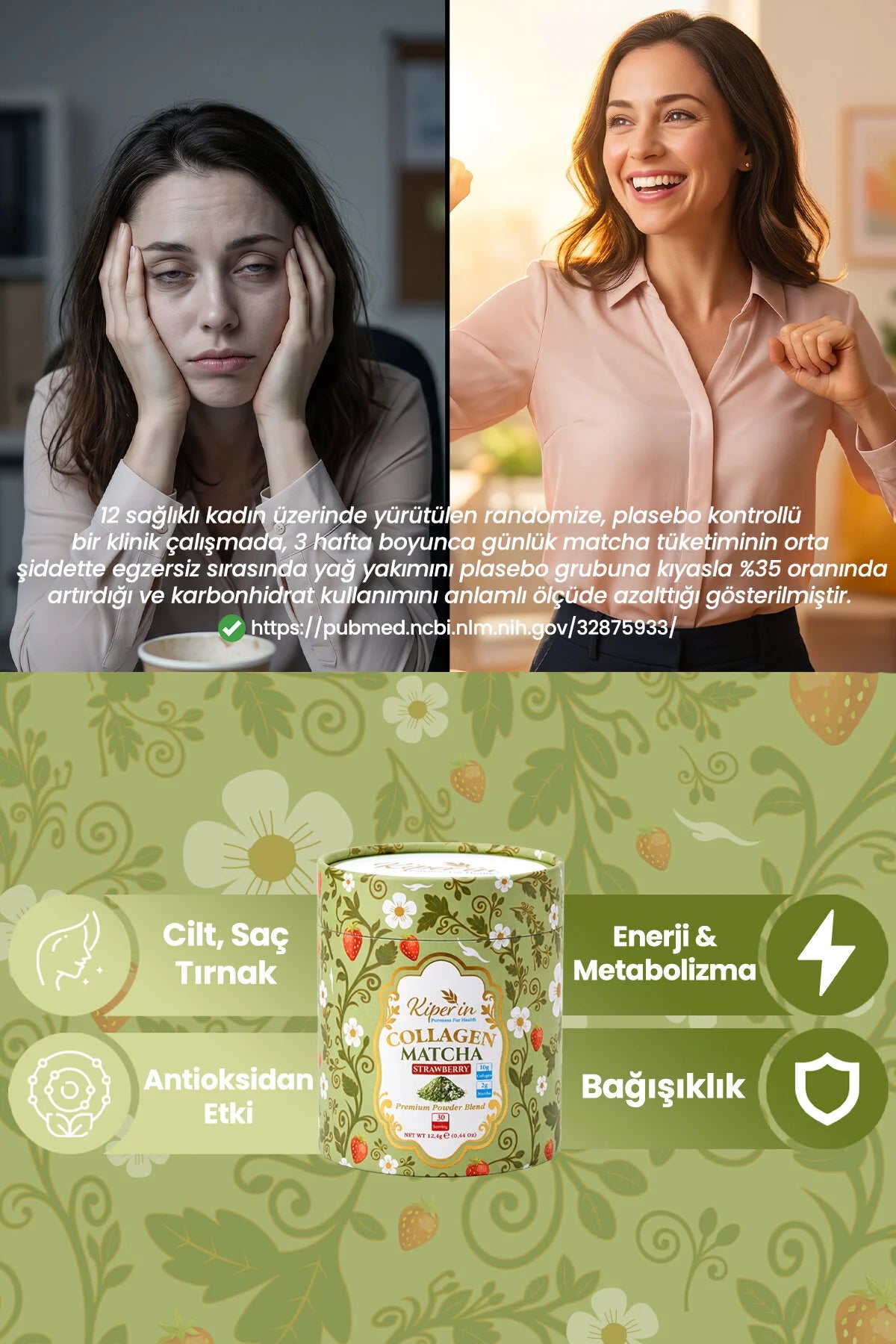 Kiperin Collagen Matcha Strawberry – Gehydrolyseerd Collageen Type 1 & 3 – Matcha – Aardbei Smaak – 30 Porties – 372 g