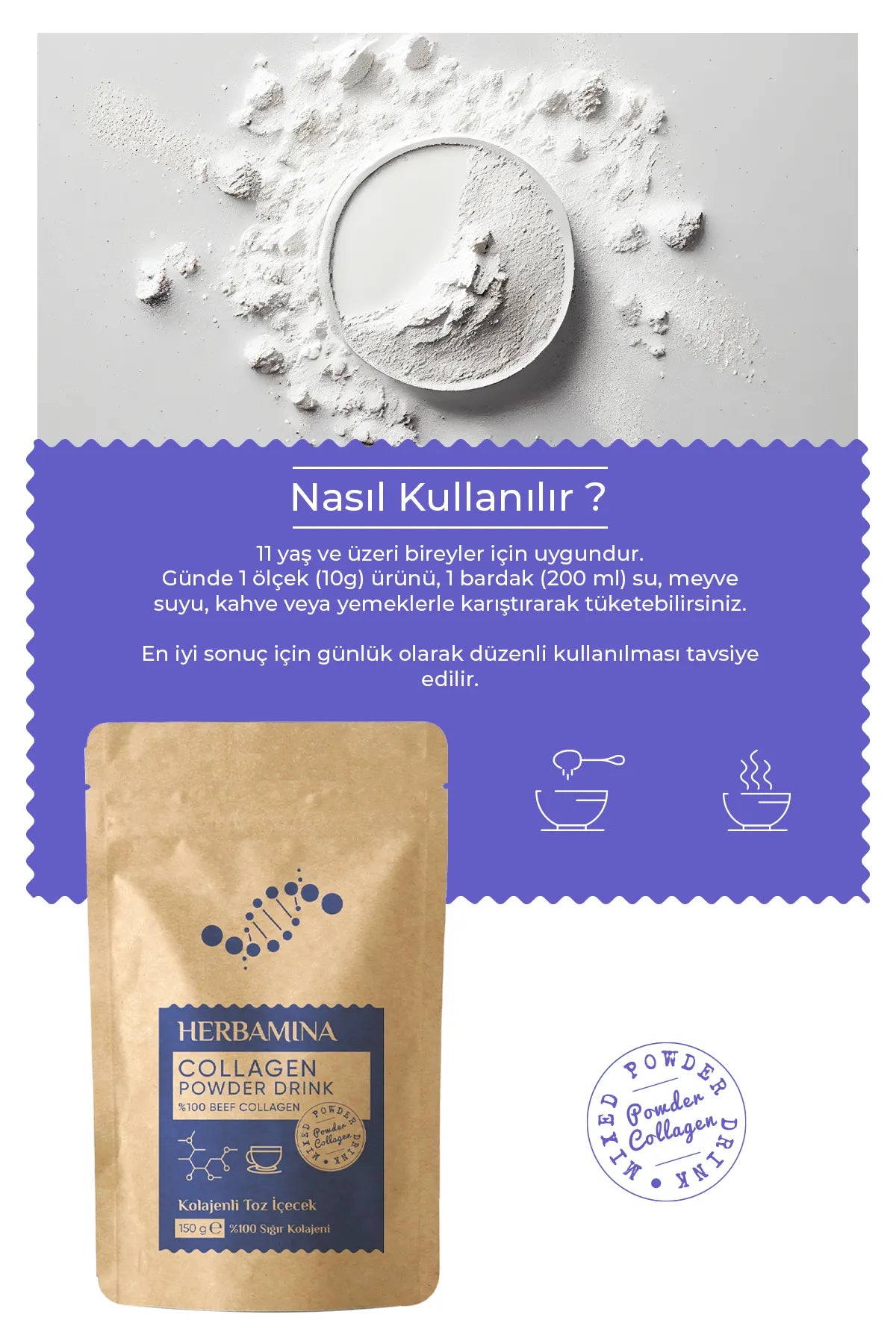 Herbamina Collageen Poederdrank 100% (Beef) Rundvleescollageen (Gedenatureerde Collageenpeptide) (rund) - De huid - het haar & de nagels te ondersteunen 150 gr