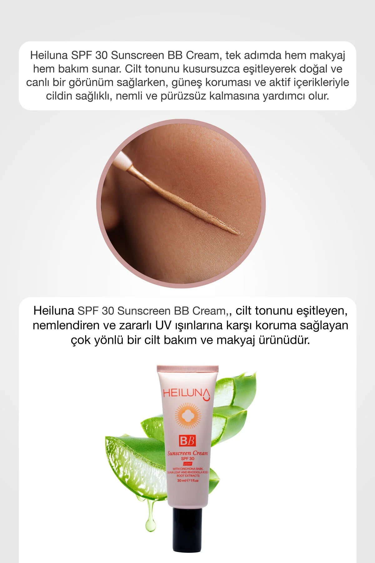 Heiluna BB Sunscreen Crème Licht SPF 30 Zonbescherming - Niacinamide Verheldert+Hydrateert - Hyaluronzuur - Cinchona-schorsextract Verstekt huidbarriere - Guavebladextract Antioxiderende bescherming - Rhodiola-wortelextract - Alle huidtypen - 30 ml