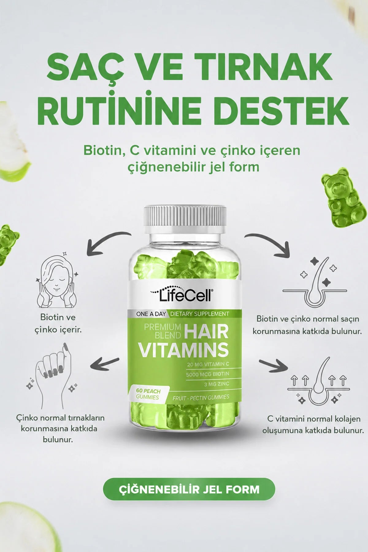 Lifecell Premium Hair Vitamins Gummies Perzik - 60 Gummies