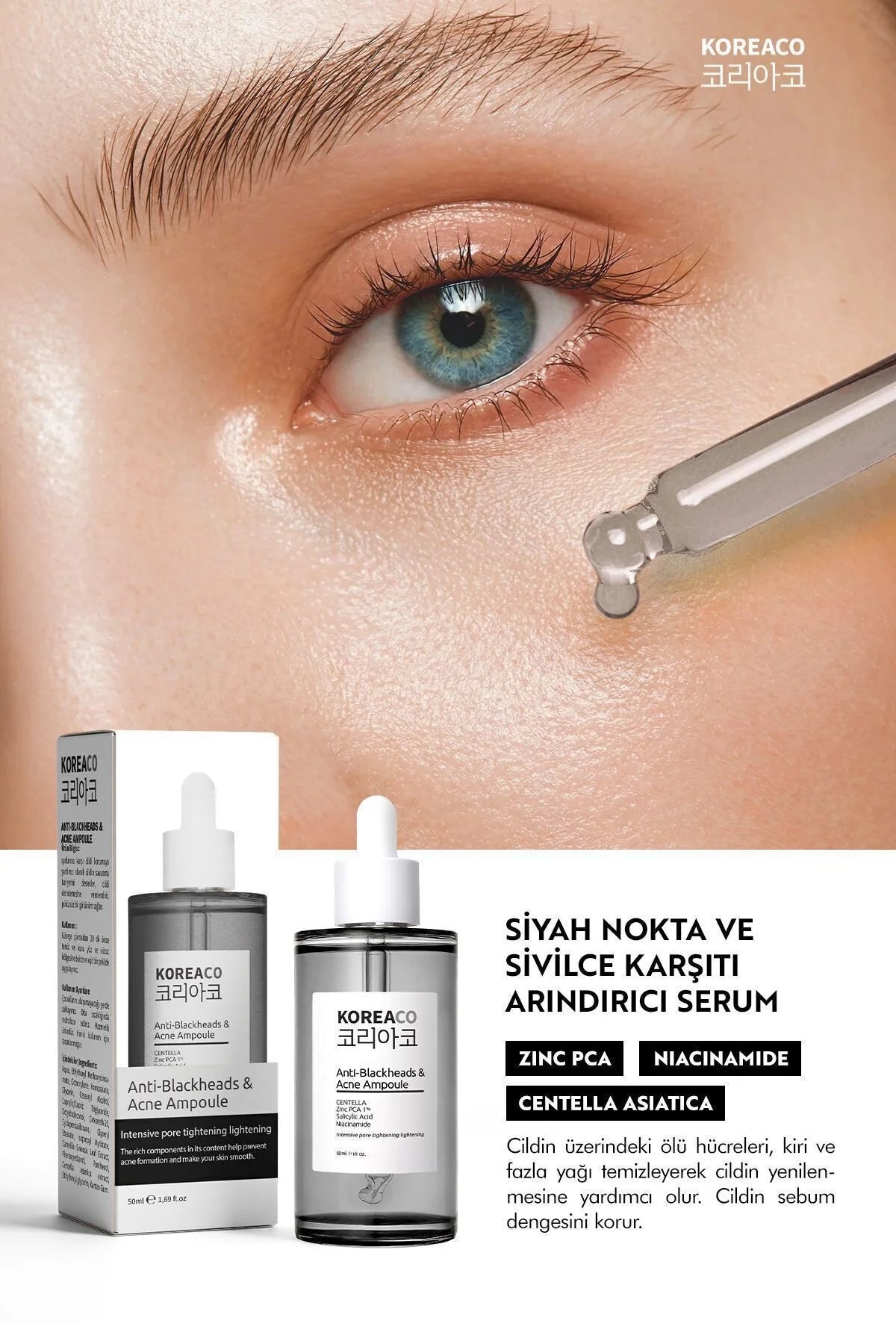 Koreaco - Anti-Blackheads & Acne Ampoule | Anti-mee-eters Acne Ampul | VEGAN | Voor alle huidtypes | 50 (ml.) | Centella | Niacinamide | Makes your skin smooth |