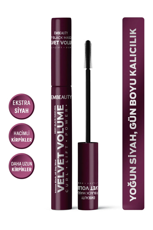 Embeauty Deep Black Mascara - Velvet Volume Mascara - Intense Zwart - Volume- en lengte-effect & Lift - Klontvrije Formule - Dagelijks gebruik - Alle wimpertypes - 12 ml