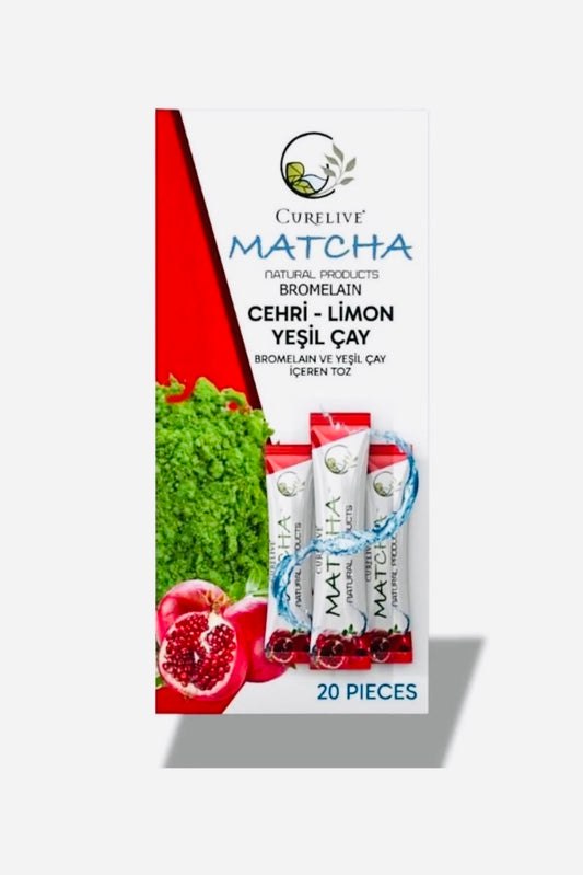 Curelive Premium Japanse Matcha Detox Antioxidant Burner - Matcha Groene Thee Poeder met Spirulina - L-Carnitine Bromelaïne-Mate - Granaatappelsmaak - 20 stuks