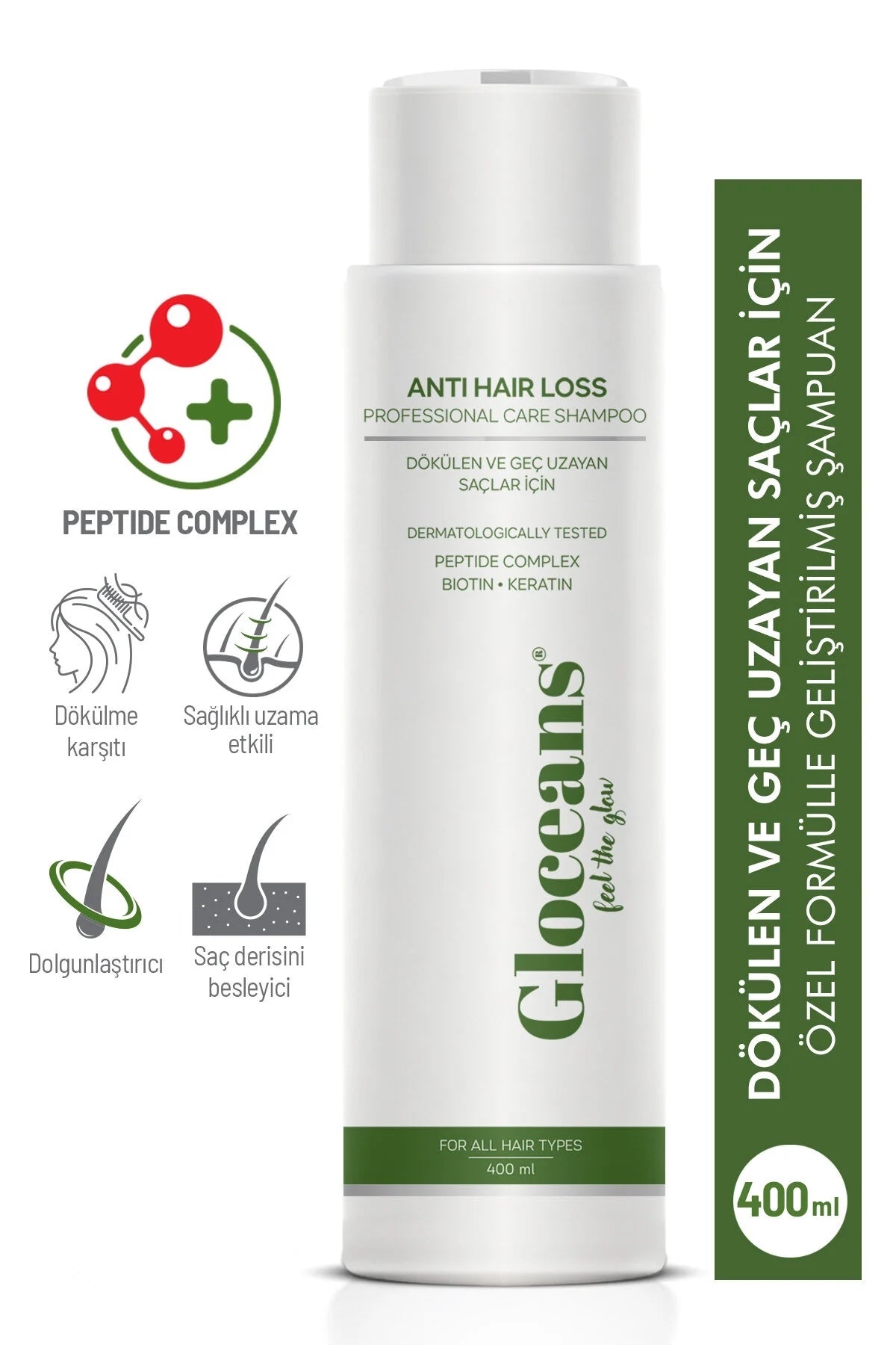 Gloceans Peptide Complex Shampoo met Biotine & Keratine - Versterkende Hoofdhuid- & Haarverzorging - Anti-Haaruitval - Snelle Haargroei - Herstellende - Voedende Shampoo - 400 ml