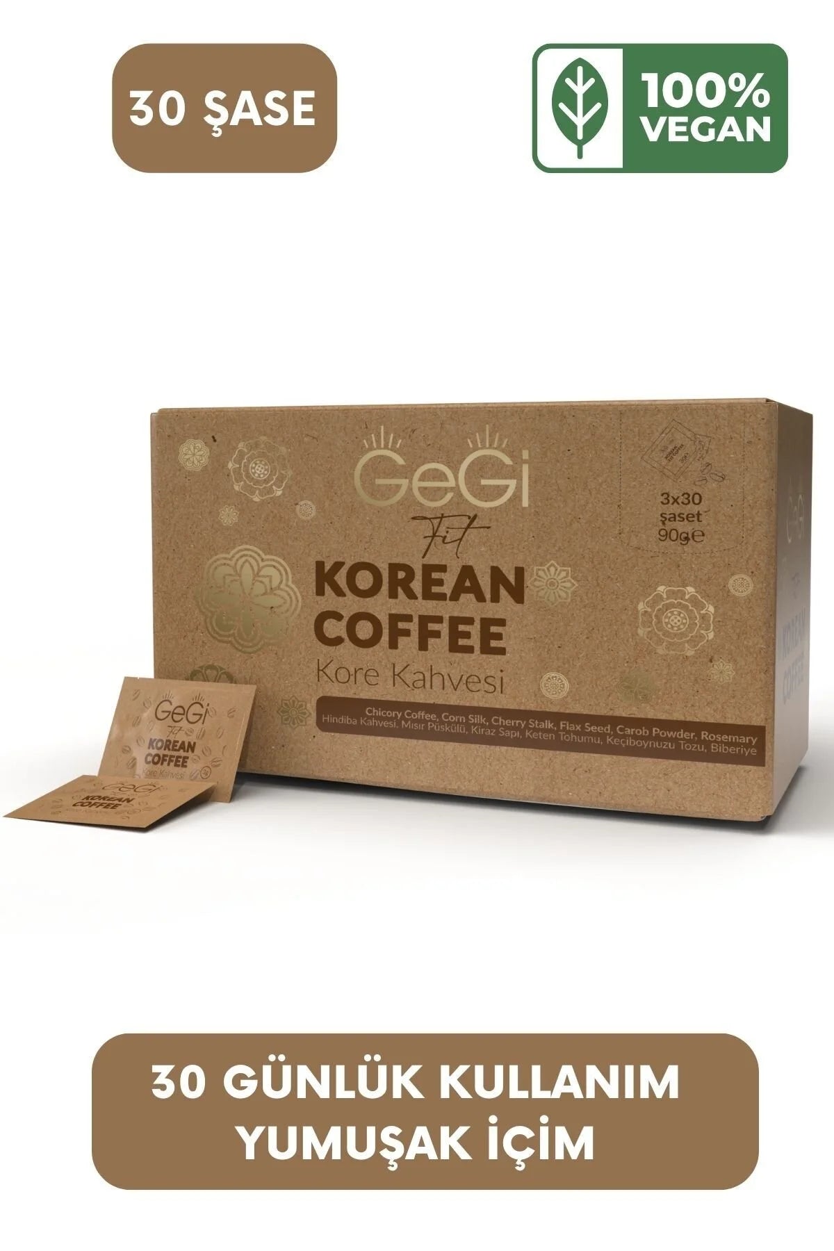 GeGi Fit Korean Coffee – Cichoreikoffie met Lijnzaad, Johannesbrood, Maïszijde, Kersensteel & Rozemarijn – 30 Sachets x 3 g – 90 g