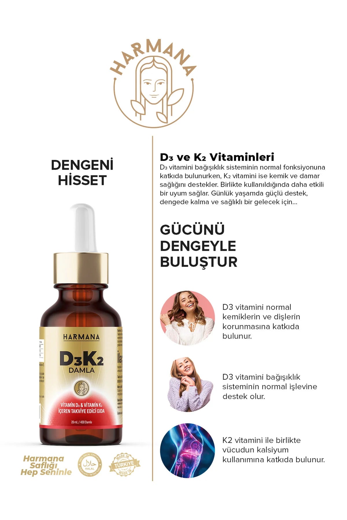 Harmana D3K2 Druppels - Vitamine D3 & K2 Voedingssupplement - 20 ml (400 druppels) - Ondersteunt botten - tanden - immuunsysteem en calciumbalans - Zonder suiker / gluten of lactose