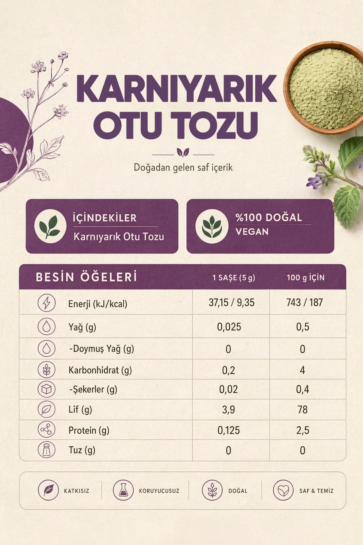 Zühre Ana Psyllium Husk Powder – Karnıyarık Otu Tozu – Yüksek Lif – Vegan – 30 Sachets x 5 g