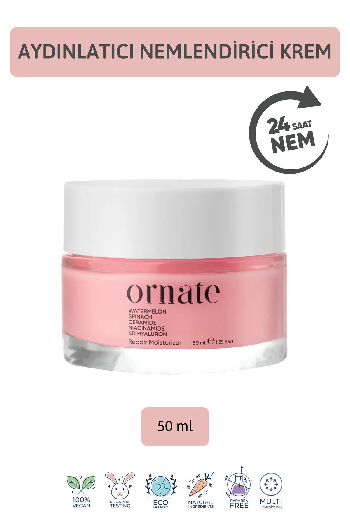 Ornate Repair Moisturizer Cream - Hydraterende & Verhelderende Gezichtscrème op waterbasis - Watermeloen - Spinazie - Ceramide - Peptiden - Niacinamide & 4D Hyaluronzuur - Alle huidtypen -50 ml