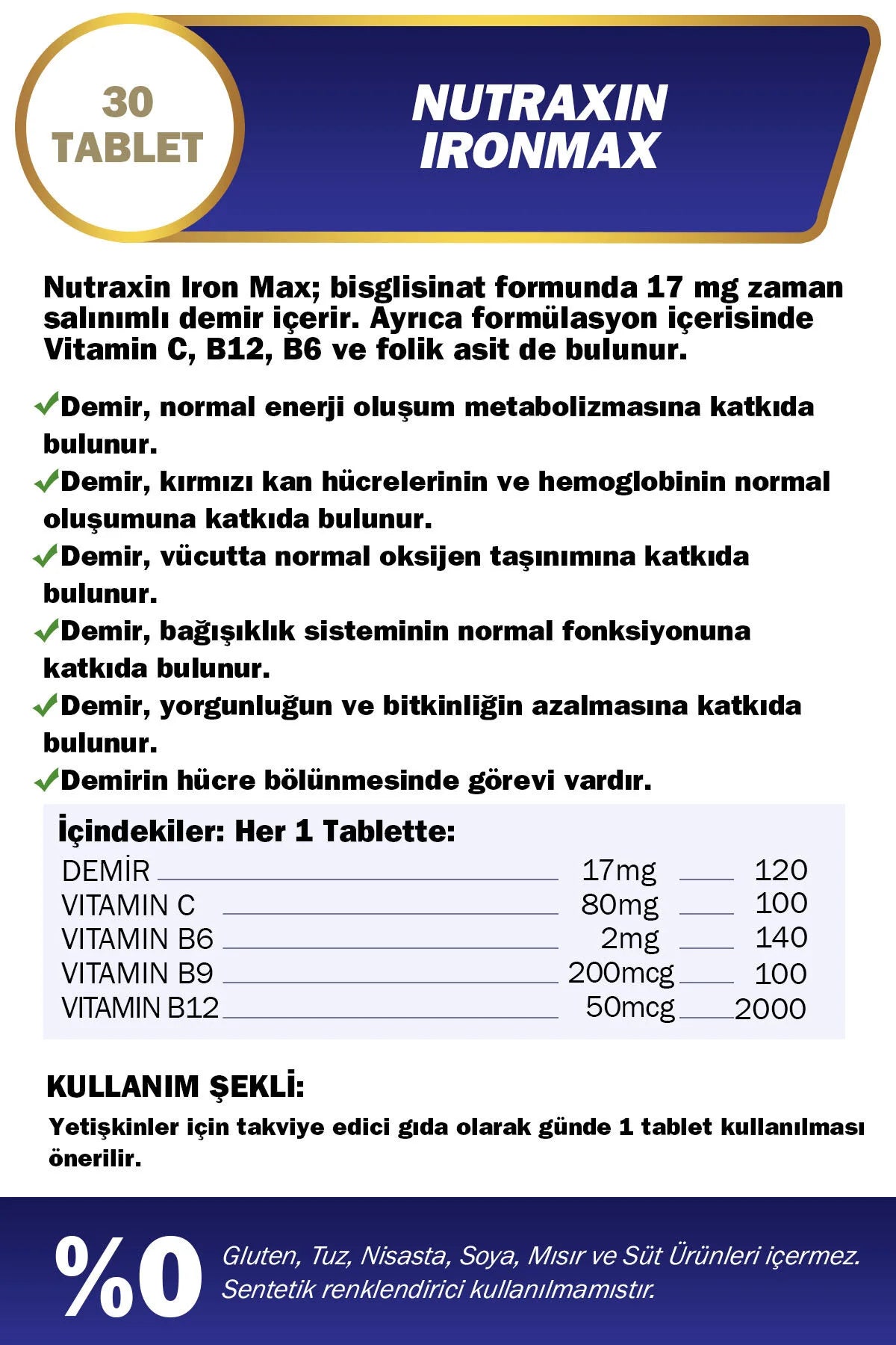 Nutraxin Vitals Iron Max – IJzer 17 mg met Vitamine C, B6, B12 & Foliumzuur – Gentle Iron – 30 Tabletten