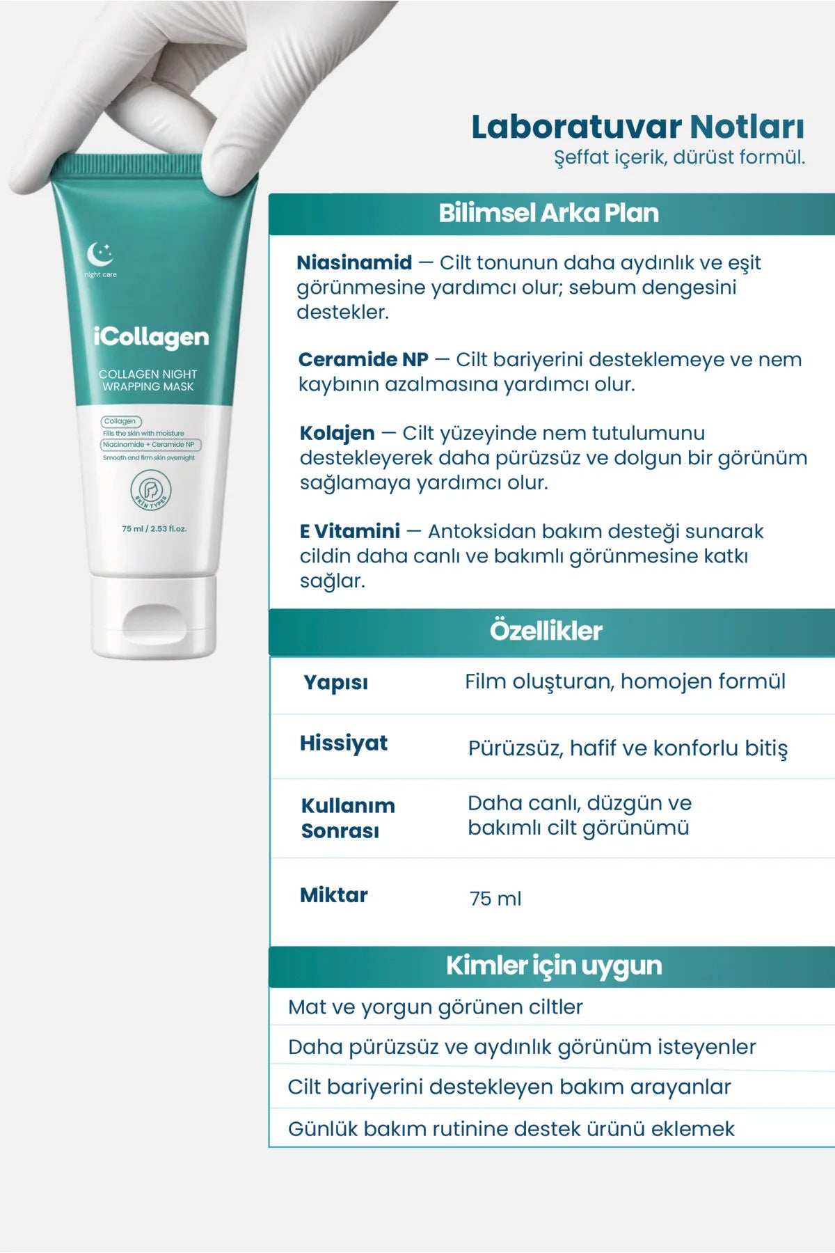 iCollagen Collagen Night Wrapping Mask – Peel-Off Nachtmasker met Collageen, Niacinamide & Ceramide NP – Hydraterend Gezichtsmasker – 75 ml