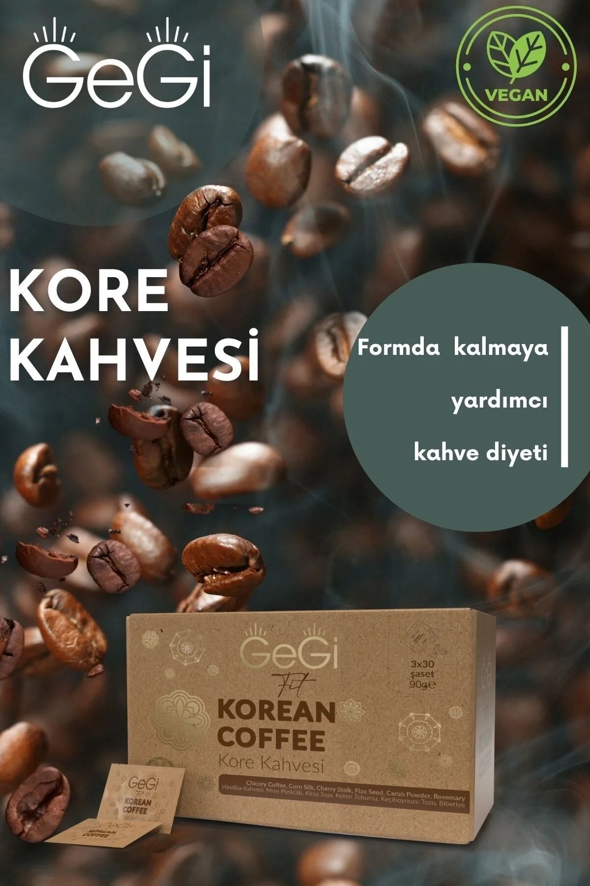 GeGi Fit Korean Coffee – Cichoreikoffie met Lijnzaad, Johannesbrood, Maïszijde, Kersensteel & Rozemarijn – 30 Sachets x 3 g – 90 g
