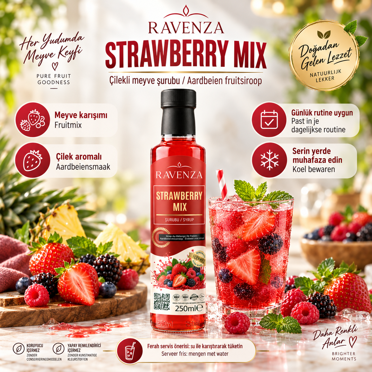 Ravenza Strawberry Mix – Aardbeienmix Siroop met Aardbei, Framboos, Braam & Blauwe Bes – Met L-Carnitine, Vitamine C, B2, B6 & Q10 – 250 ml
