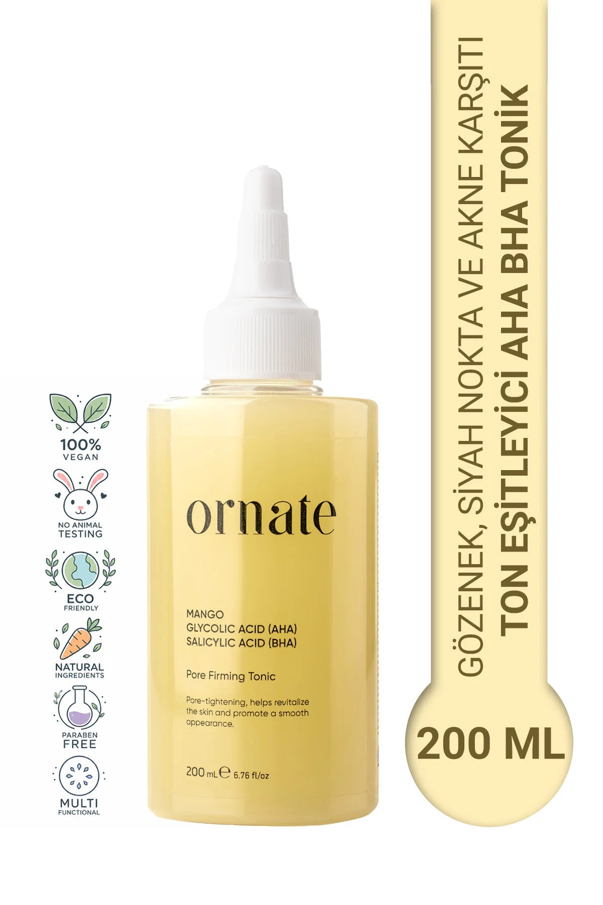 Ornate AHA BHA Pore Firming Tonic 200 ml – Glycolic Acid & Salicylic Acid – Mango Extract – Gezichtstoner