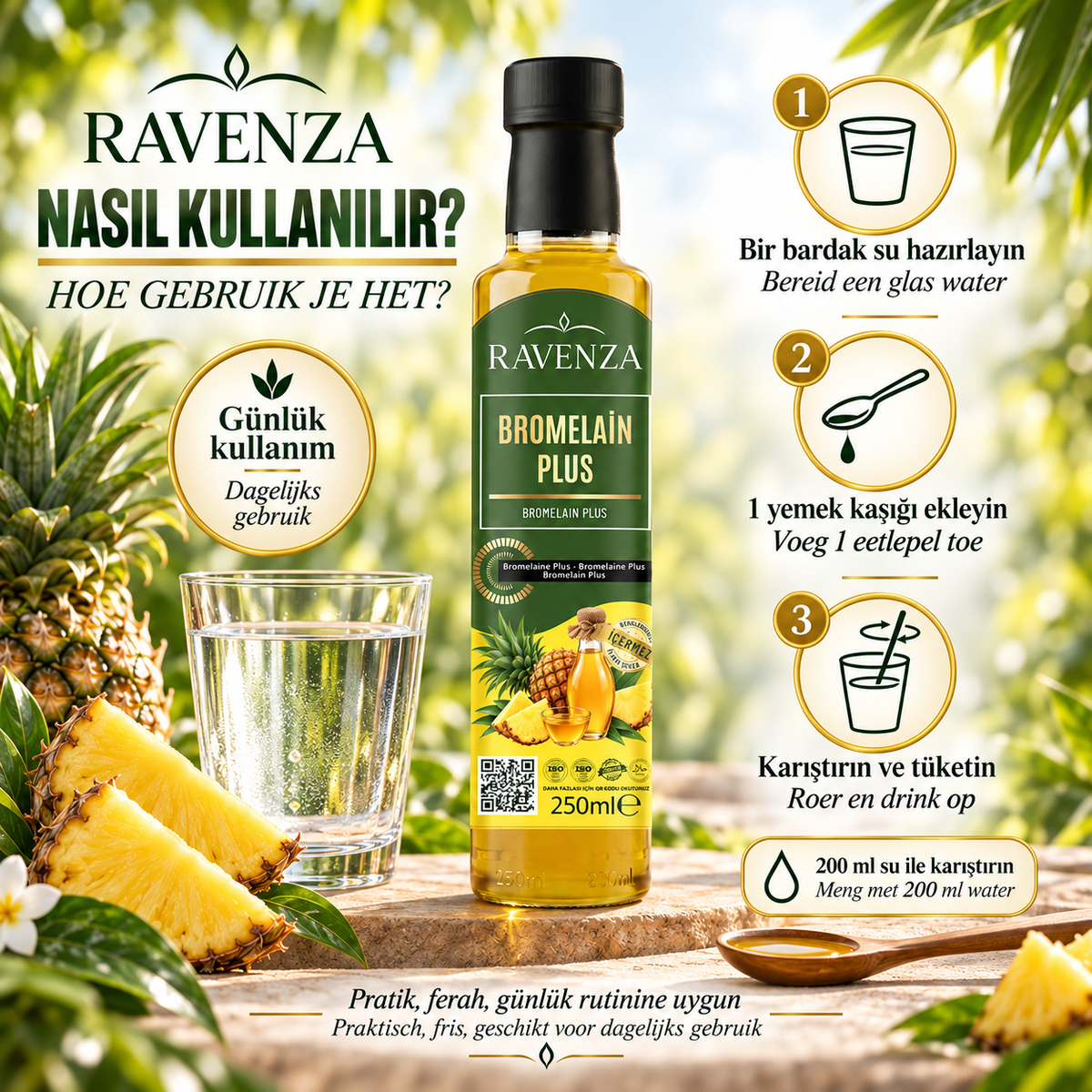 Ravenza Bromelain Plus – Met Bromelaïne, Ananasextract, L-Carnitine, Vitamine C, B2 & B6 – 250 ml