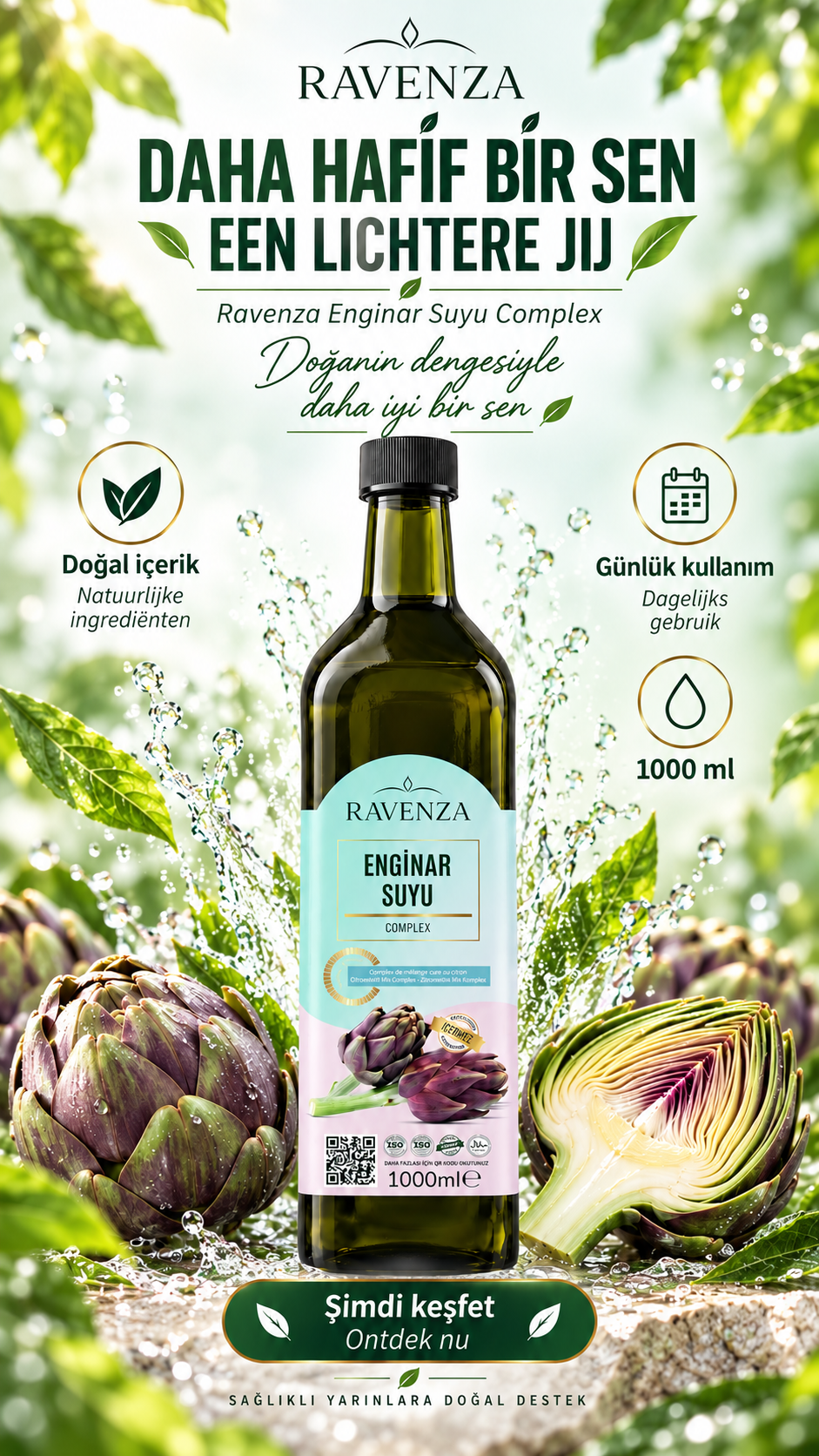 Ravenza Enginar Suyu Complex – Artisjokwater – Geconcentreerde Drank – Zonder Conserveringsmiddelen & Toevoegingen – 1000 ml