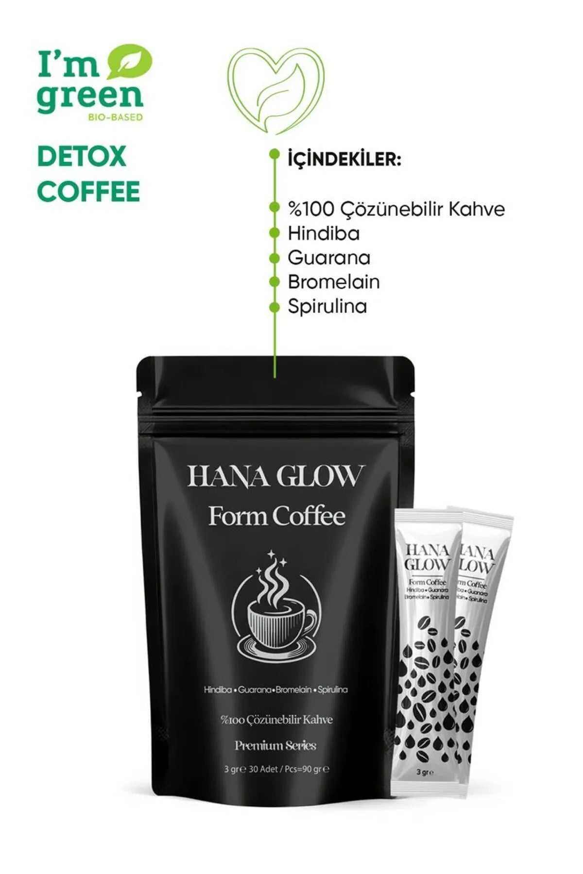 Hana Glow Form Koffie - Detox Dieet met Hinbiba (Cichorei) - Guarana - Bromelaïne en Spirulina - Energieverhoging - Bron van antioxidanten - Versnelling van het metabolisme - Unieke smaak - 3gr x 30 stuks = 90 gr