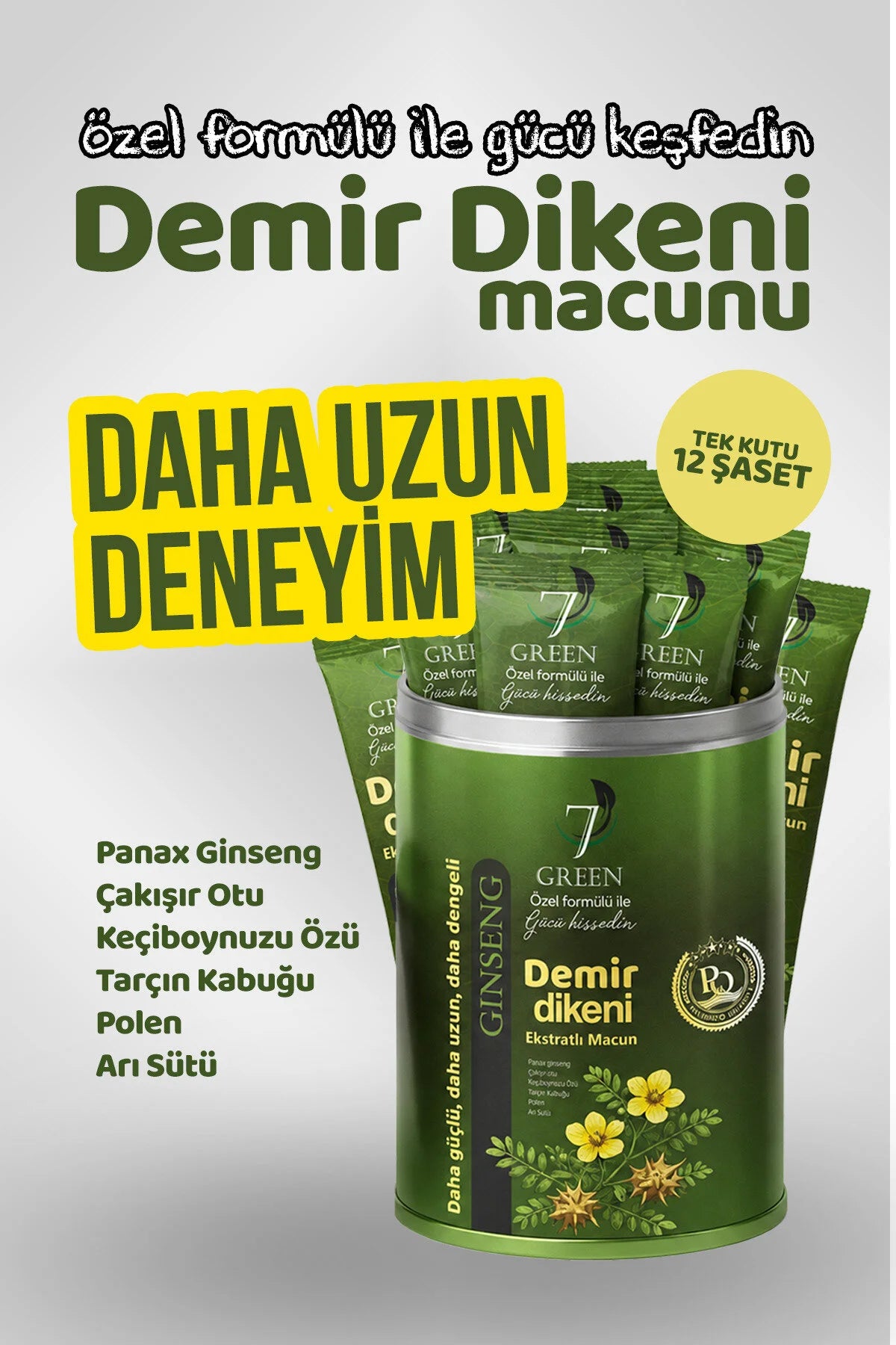 7 Green Demir Dikeni Ekstraktlı Macun – Panax Ginseng, Çakşır Otu, Keçiboynuzu Özü, Polen & Arı Sütü