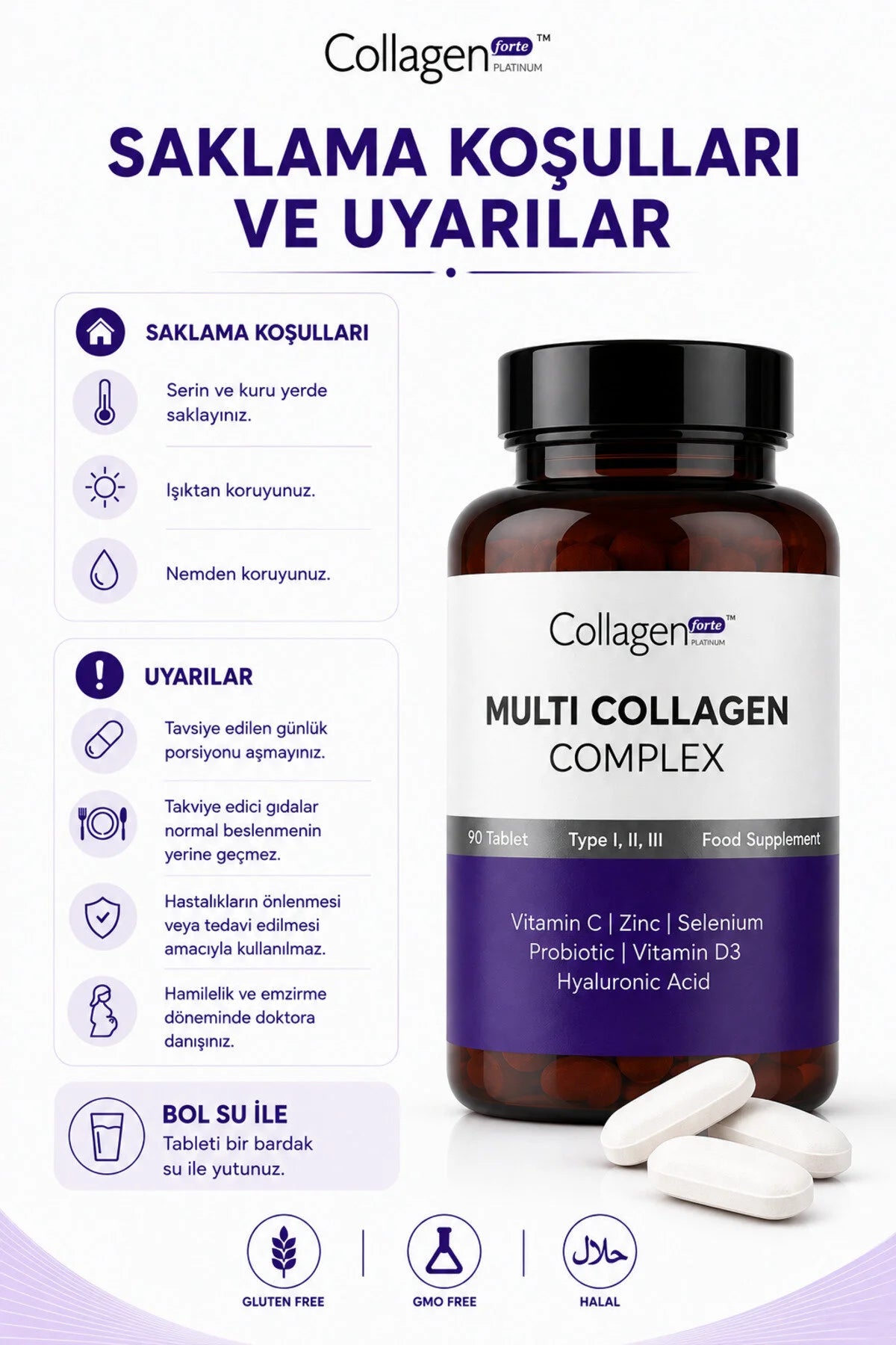 Collagen Forte Platinum Multi Collagen Complex – Type I, II & III – Vitamine C, D3, Zink, Selenium & Hyaluronzuur – 90 Tabletten