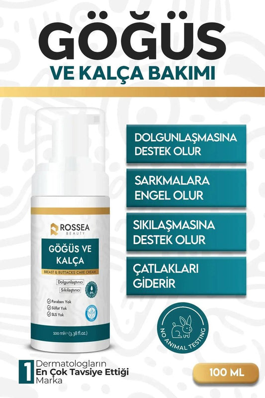Rossea Beauty Göğüs ve Kalça Bakım Kremi 100 ml | Hydraterende Breast & Buttocks Care Cream met Niacinamide & Hyaluronzuur