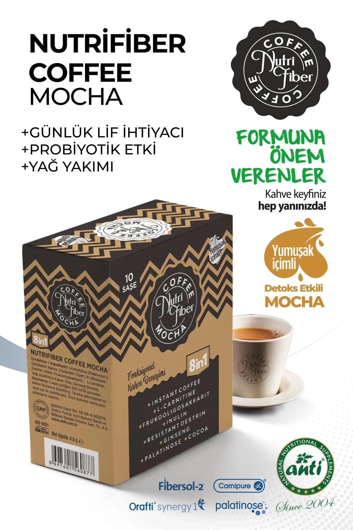 Nutrifiber® Koffie Mocha 8 in 1 Detox Koffie - Cichorei Instant Koffie - Dagelijkse verzelbenodigheid - Probiotische Effect - Vetbverbranding - Inuline - L-carnitine - Dieet - Ginseng - Cacao - 10 stuks